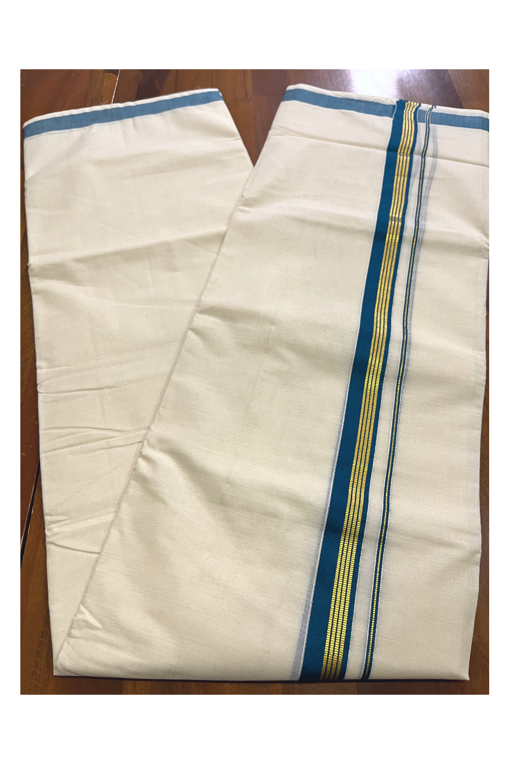 Off White Kerala Cotton Double Mundu with Kasavu and Blue Border (South Indian Kerala Dhoti)