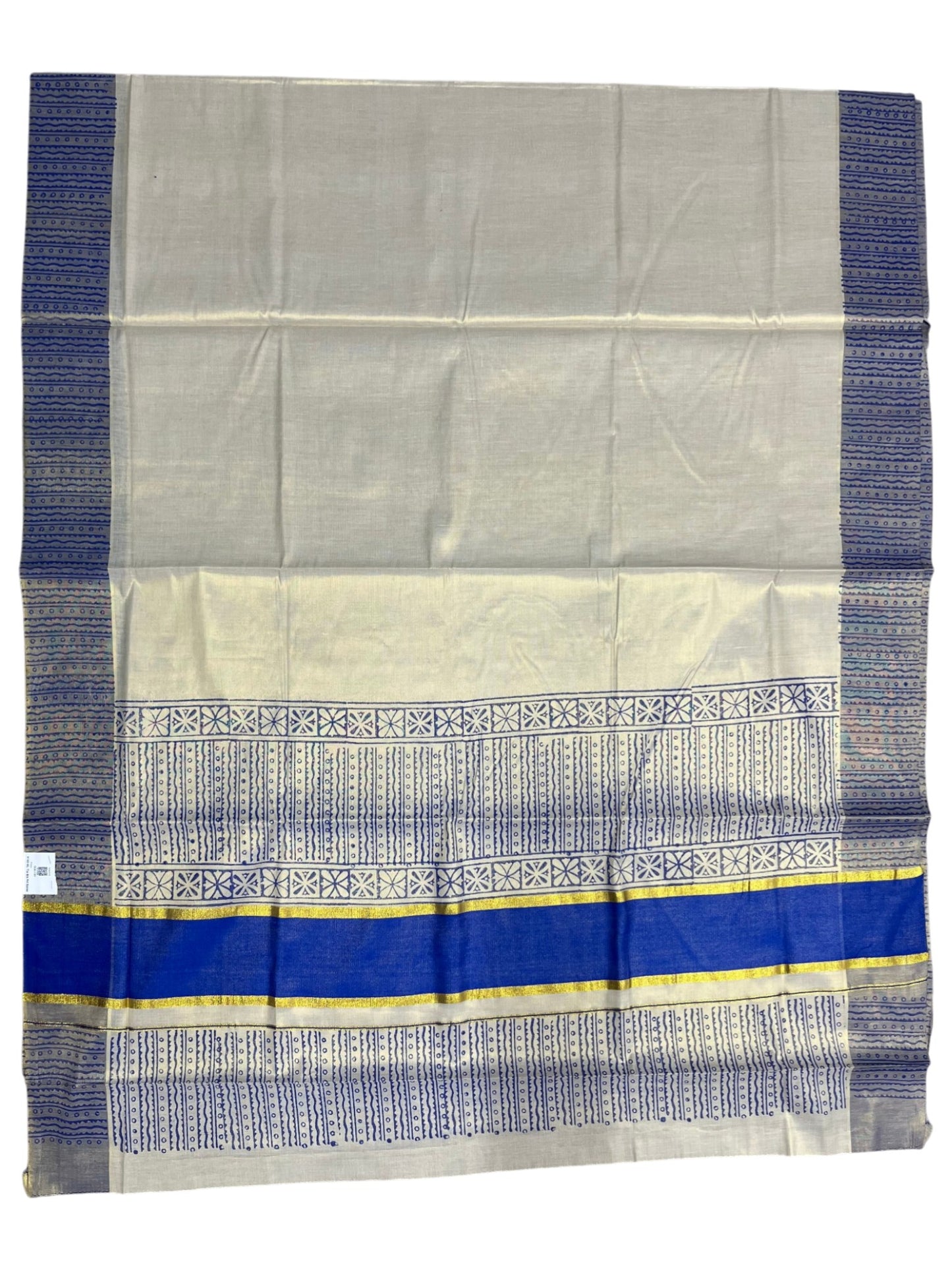 Southloom Tissue Kerala Kasavu Saree with Block Print on Body and Borders in Blue