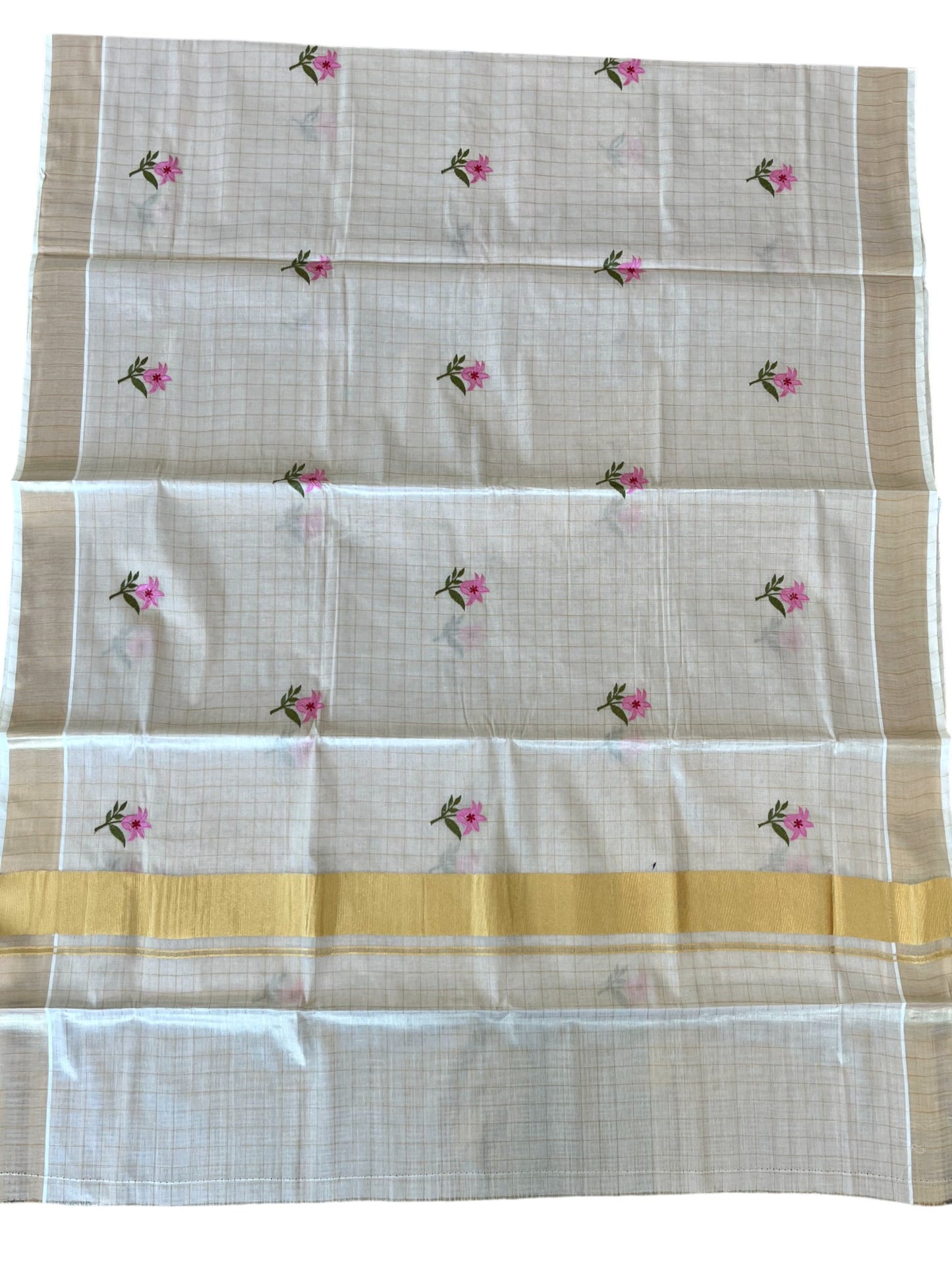 Southloom Kerala Tissue Kasavu Check Saree With Floral Embroidery Work