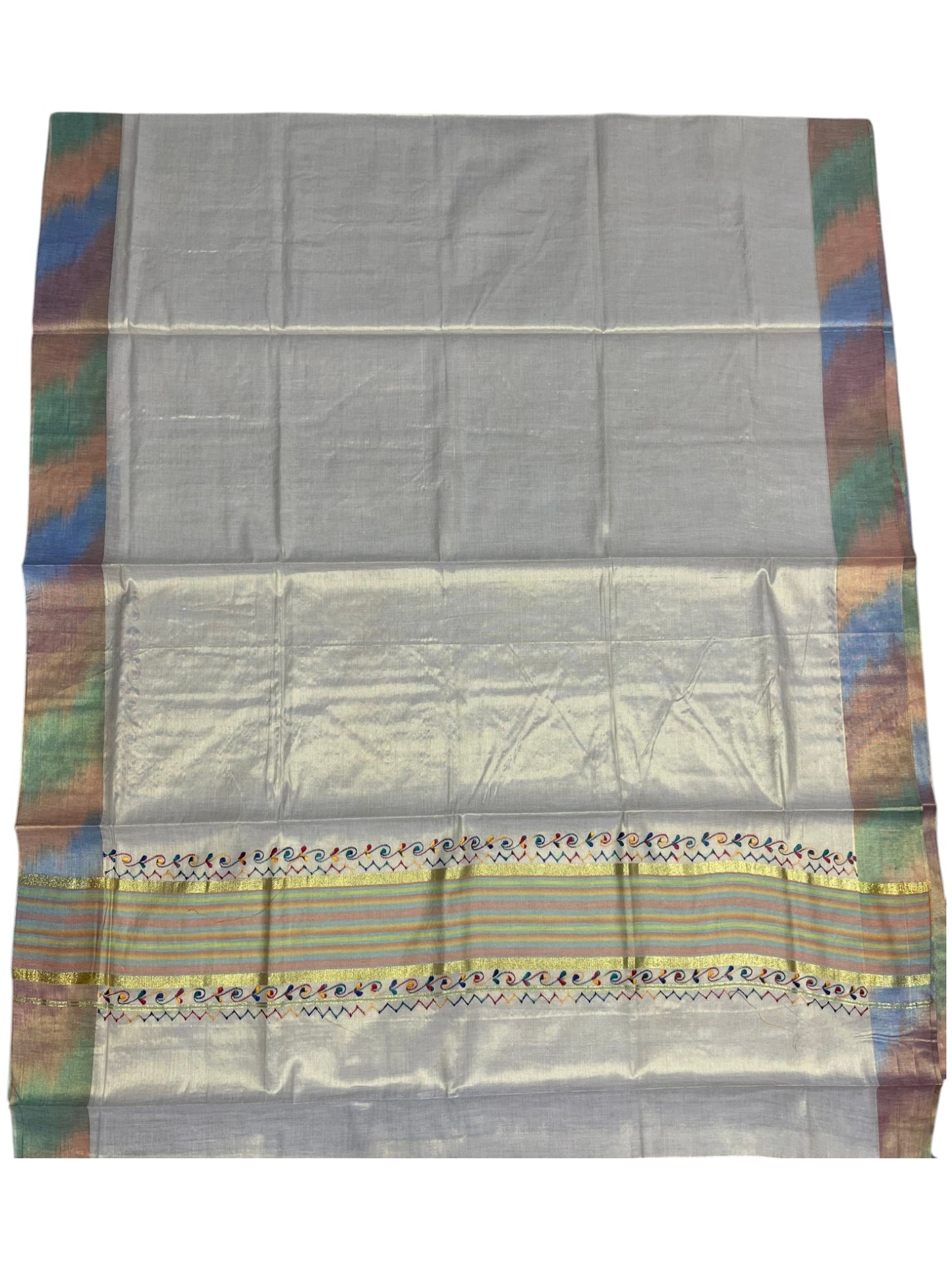 Southloom Kerala Tissue Kasavu Saree with Multi Colour Pochampally Design on Borders and Kara