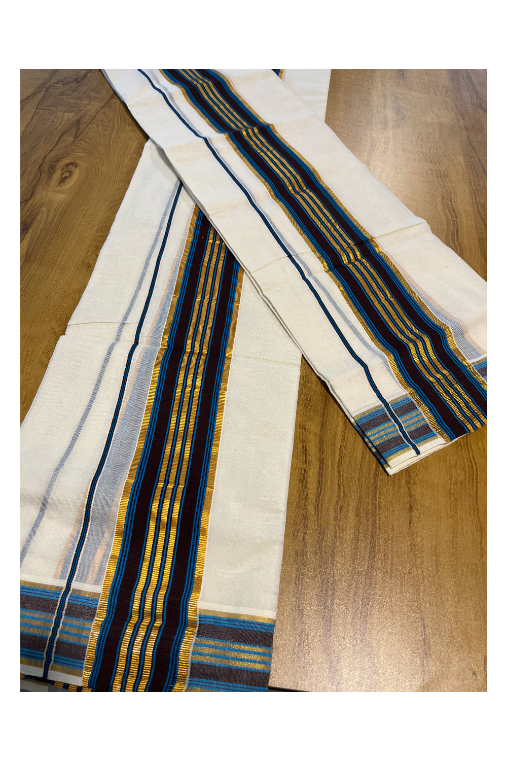 Kerala Cotton Kasavu Set Mundu (Mundum Neriyathum) with Blue and Brown Border