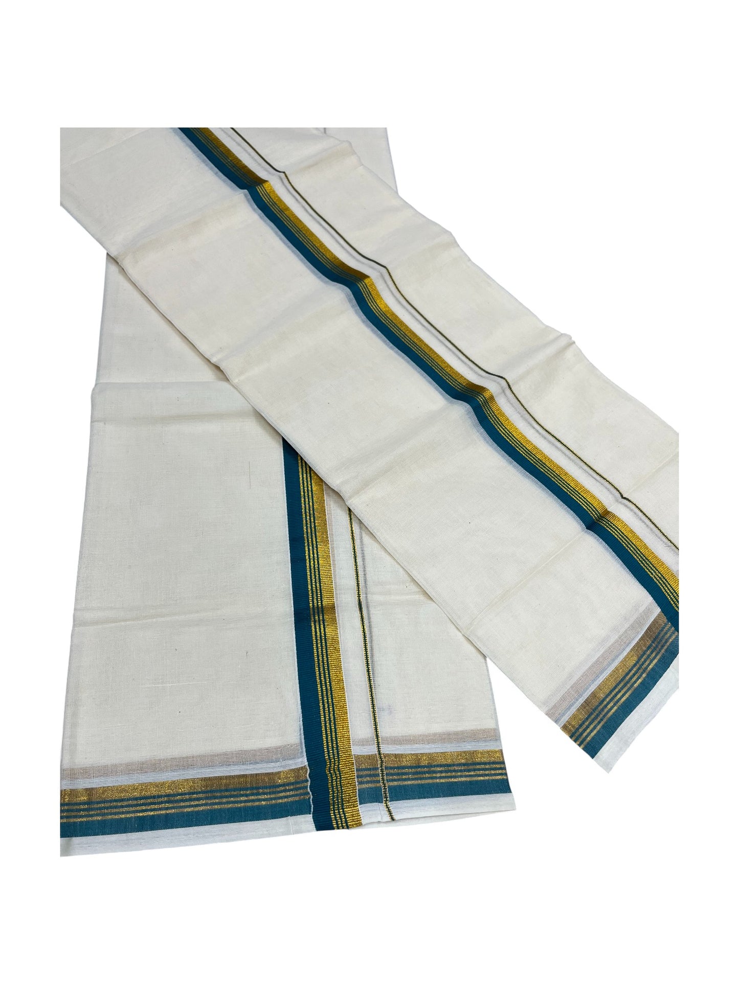 Pure Cotton Kerala Single Set Mundu (Mundum Neriyathum) with Peacock Green Kasavu Border in 2.80 Mtrs