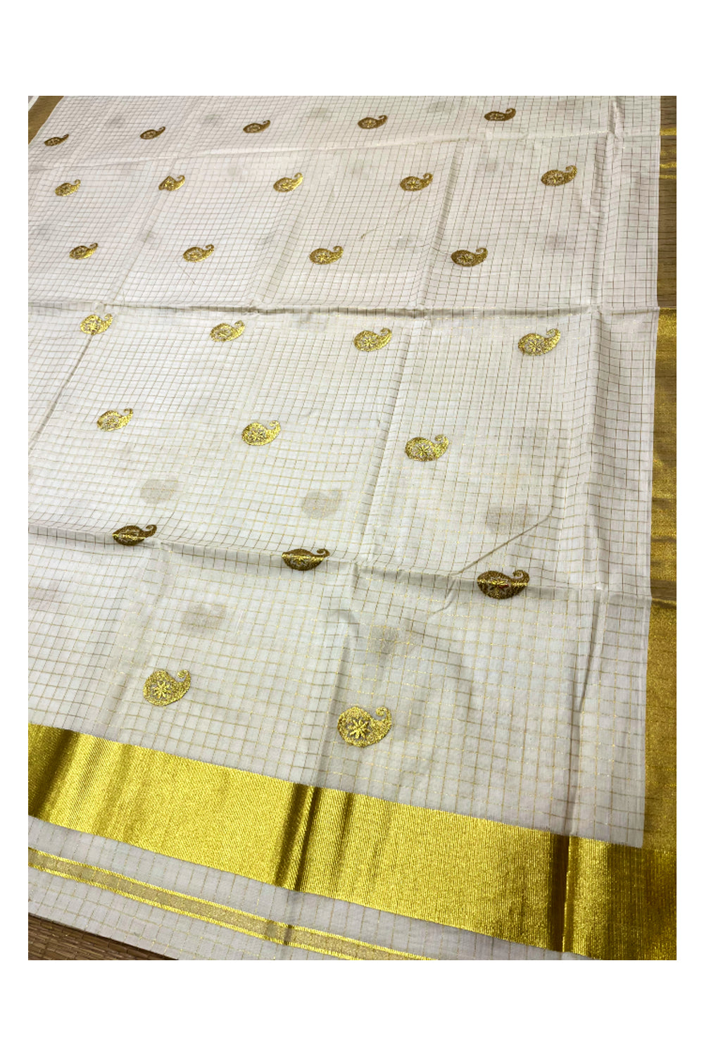 Kerala Cotton Saree with Kasavu Checks and Paisley Woven Designs on Body