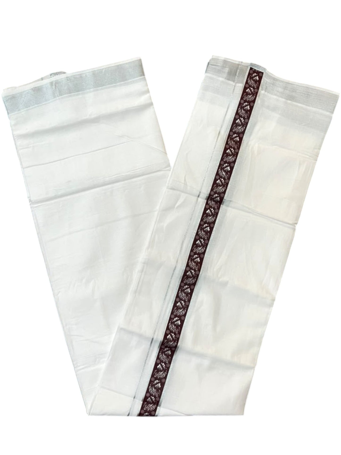 Southloom Pure White Cotton Mundu with Brown and Silver Kasavu Border (South Indian Kerala Dhoti)