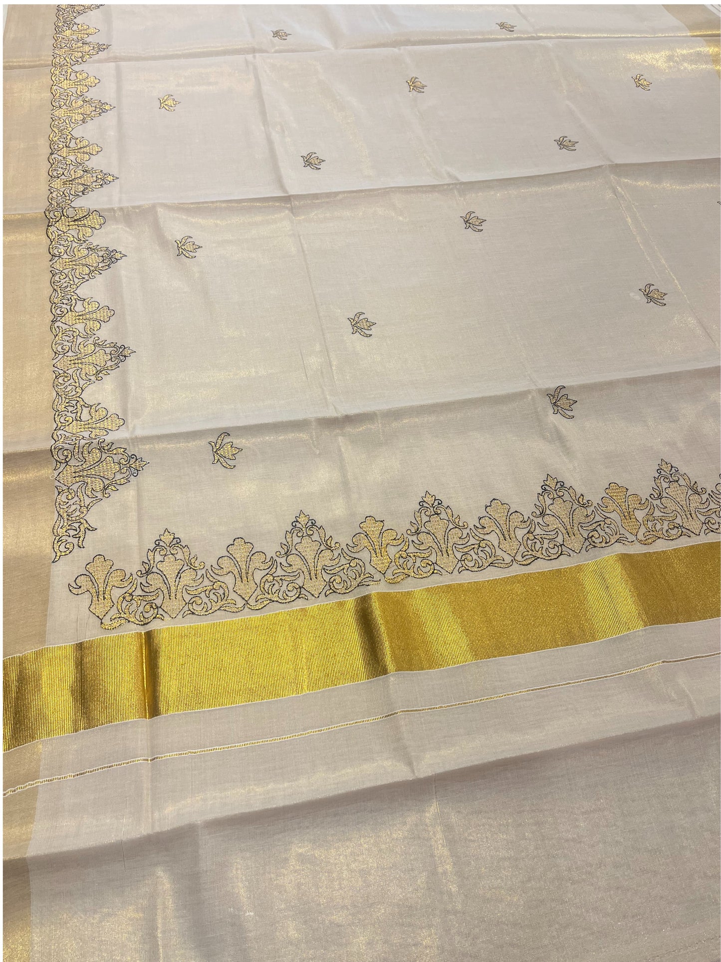 Southloom Kerala Tissue Kasavu Plain Saree with Green Embroidery Works