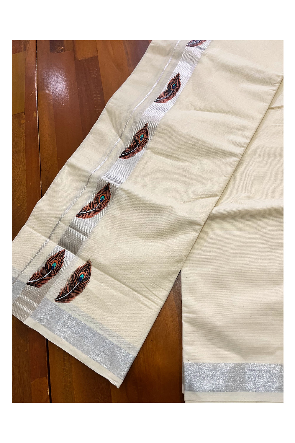 Pure Cotton Kerala Double Mundu with Silver Kasavu Hand Painted Design Border (South Indian Kerala Dhoti)