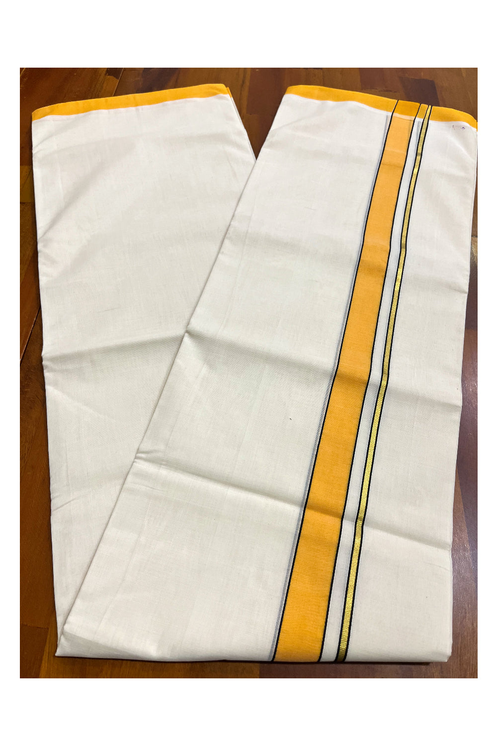 Premium Balaramapuram Handloom Unakkupaavu Cotton Double Mundu with Orange Border (Vishu 2024 Collection)