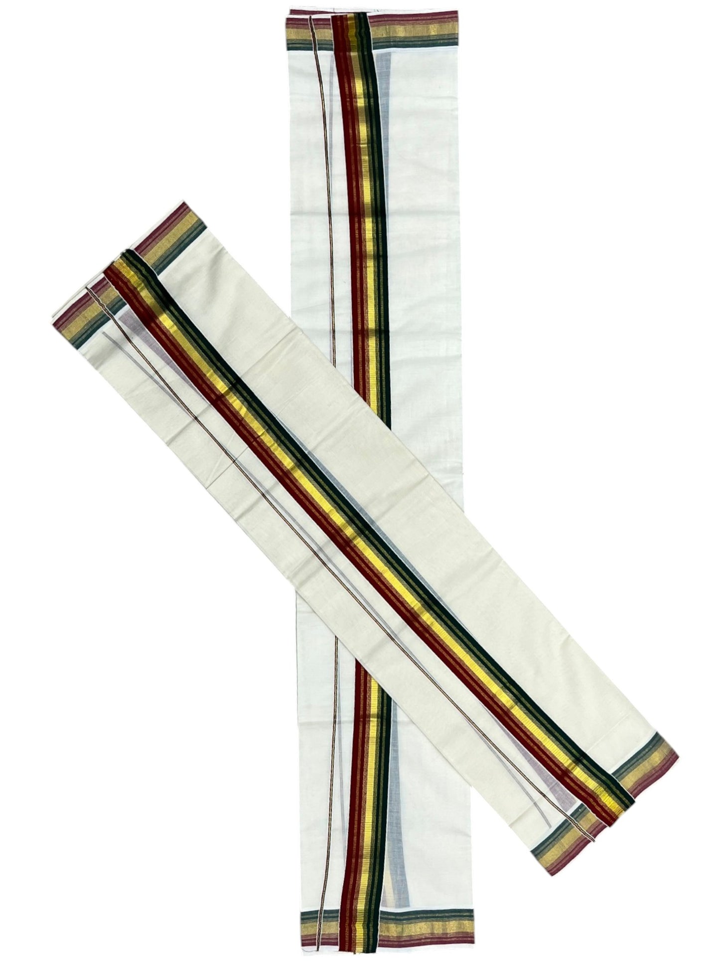 Southloom Kerala Cotton Kasavu Single Set Mundu (Mundum Neriyathum) with Maroon and Green Kasavu Border SLKK SL480