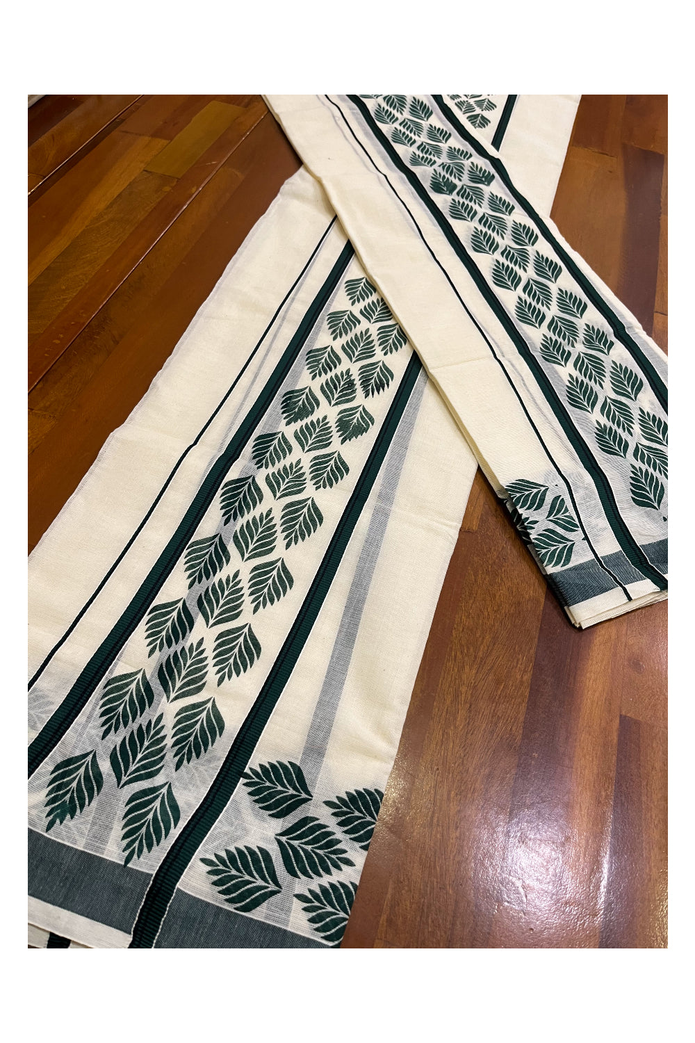 Kerala Cotton Single Set Mundu (Mundum Neriyathum) with Leaf Block Prints on Dark Green and Black Border