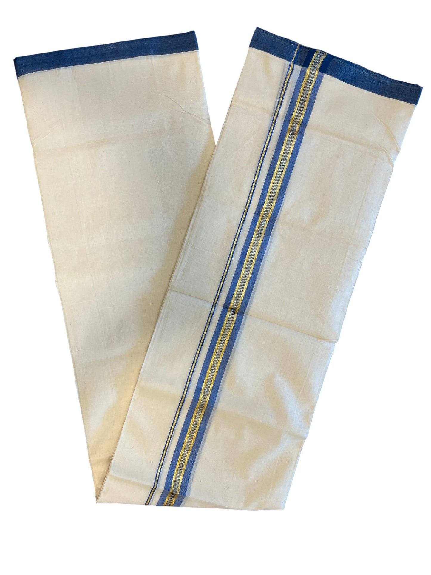 Southloom Premium Handloom Cotton Double Mundu with Gold and Blue Border