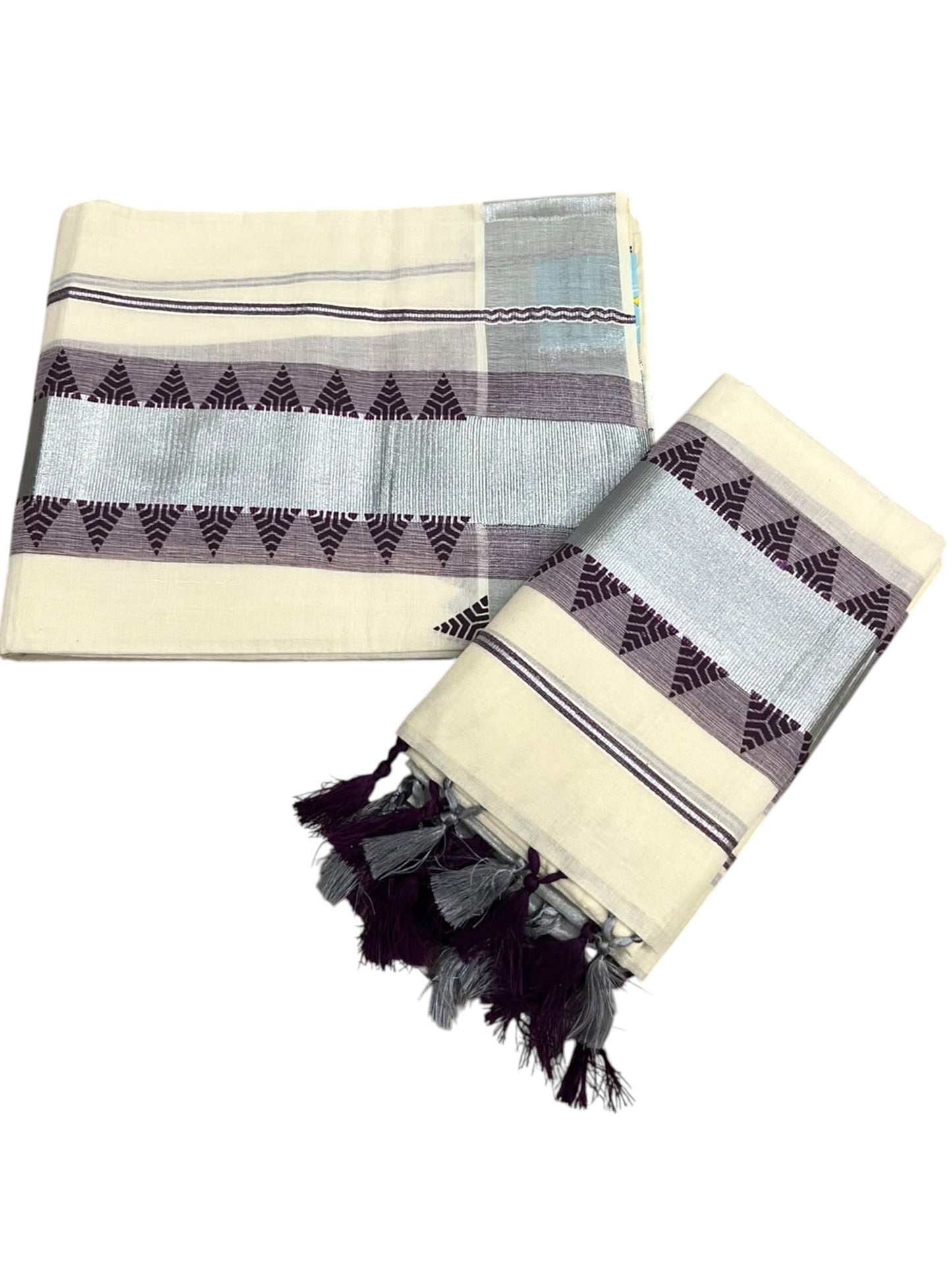 Cotton Single Set Mundu (Mundu Neriyathum) Silver Temple Design Works And Purple Border Kasavu in 2.80 Mtrs With Tussles