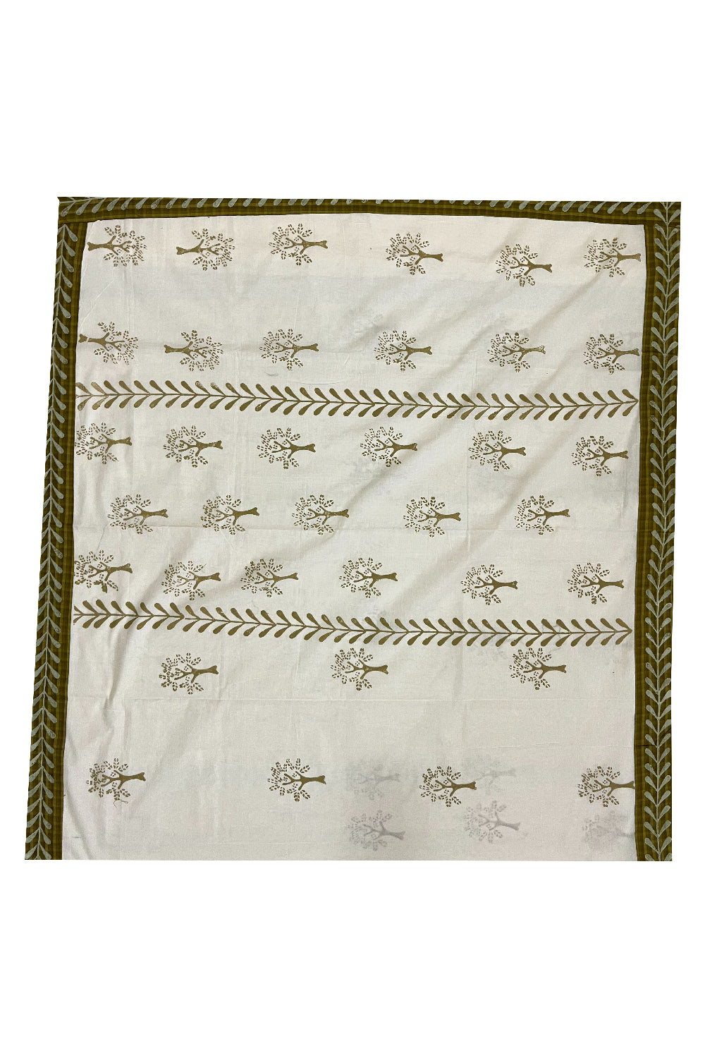 Pure Cotton Onam 2023 Kerala Saree with Hand Block Olive Green Batik Prints