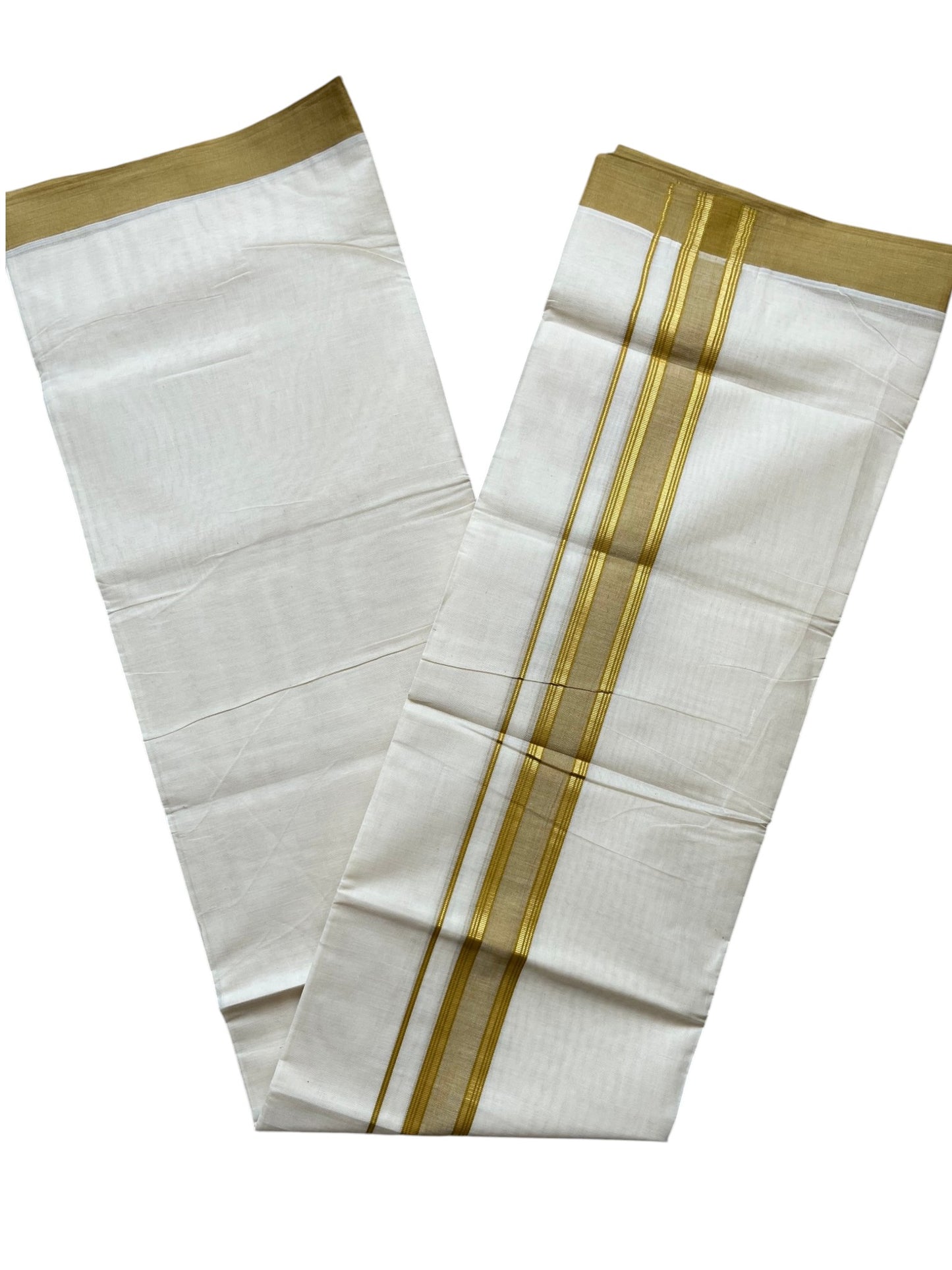 Southloom Pure Cotton Mundu with Golden Lines and Olive Green Border (South Indian Kerala Dhoti)