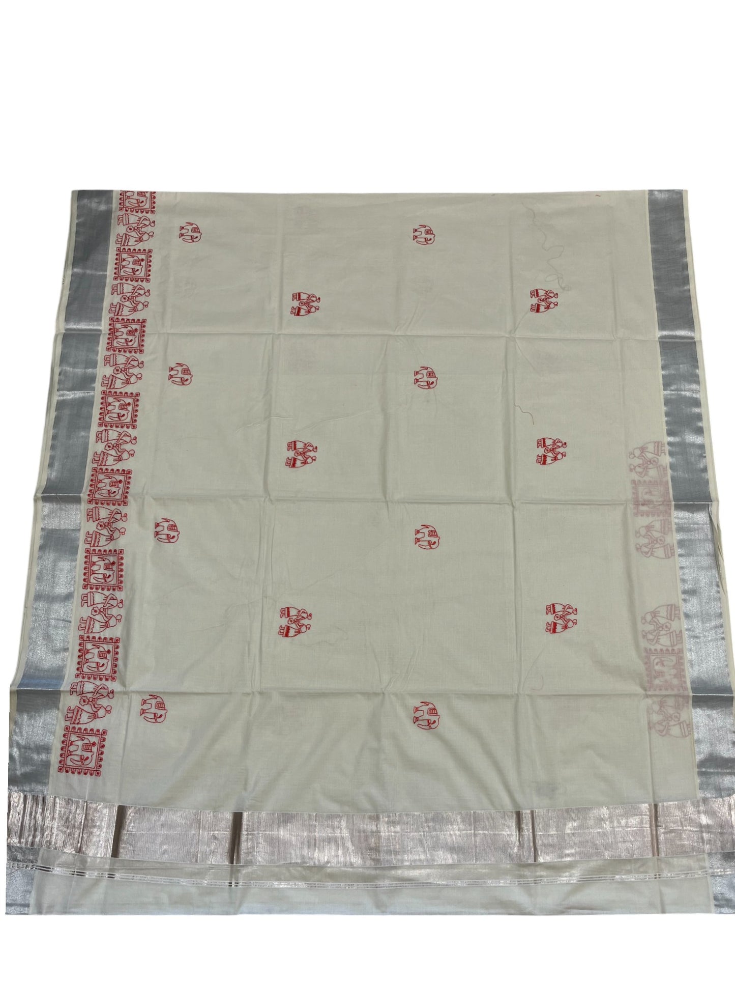 Kerala Cotton Silver Kasavu Saree With Mural Festival Parasol Stripes and Red Elephant Design And Embroidery Work