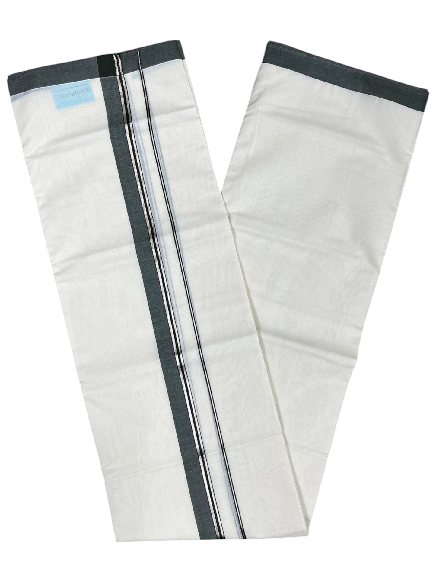 Southloom Pure Cotton Mundu with Silver Lines and Dark Green Border (South Indian Kerala Dhoti)