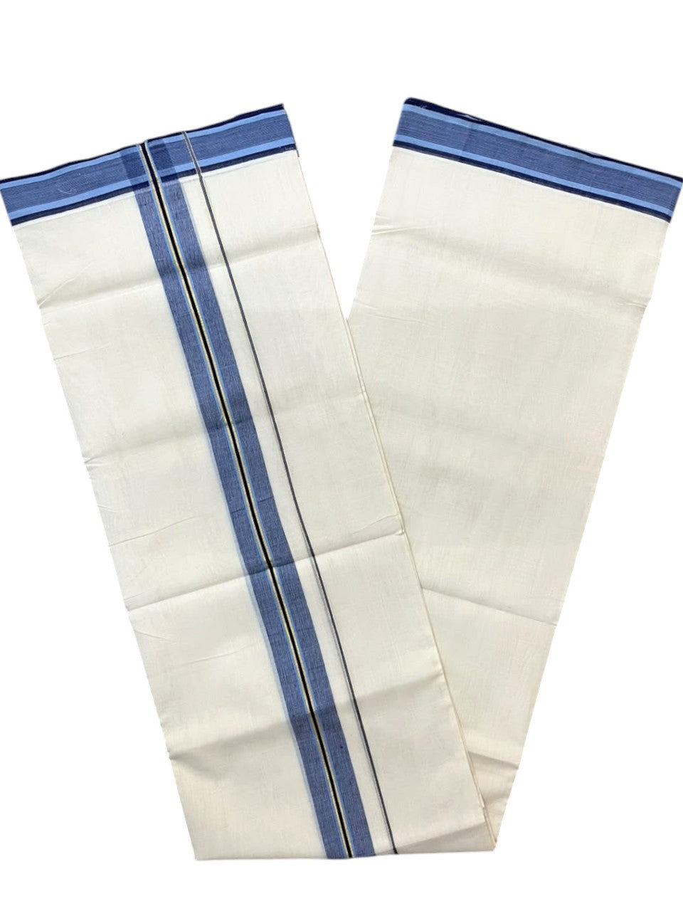 Southloom Balaramapuram Unakkupaavu Premium Handloom Cotton Double Mundu with Gold Kasavu and Blue Border