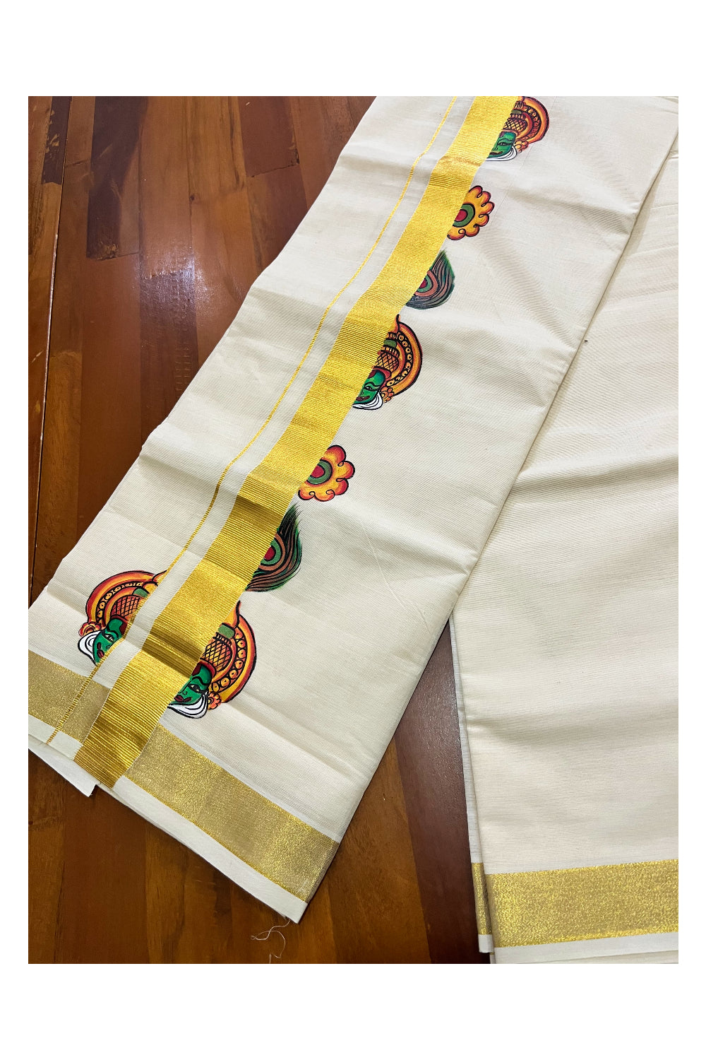 Off White Kerala Cotton Double Mundu with Kathakali Mural Hand Painted Designs on Kasavu Border (South Indian Kerala Dhoti)