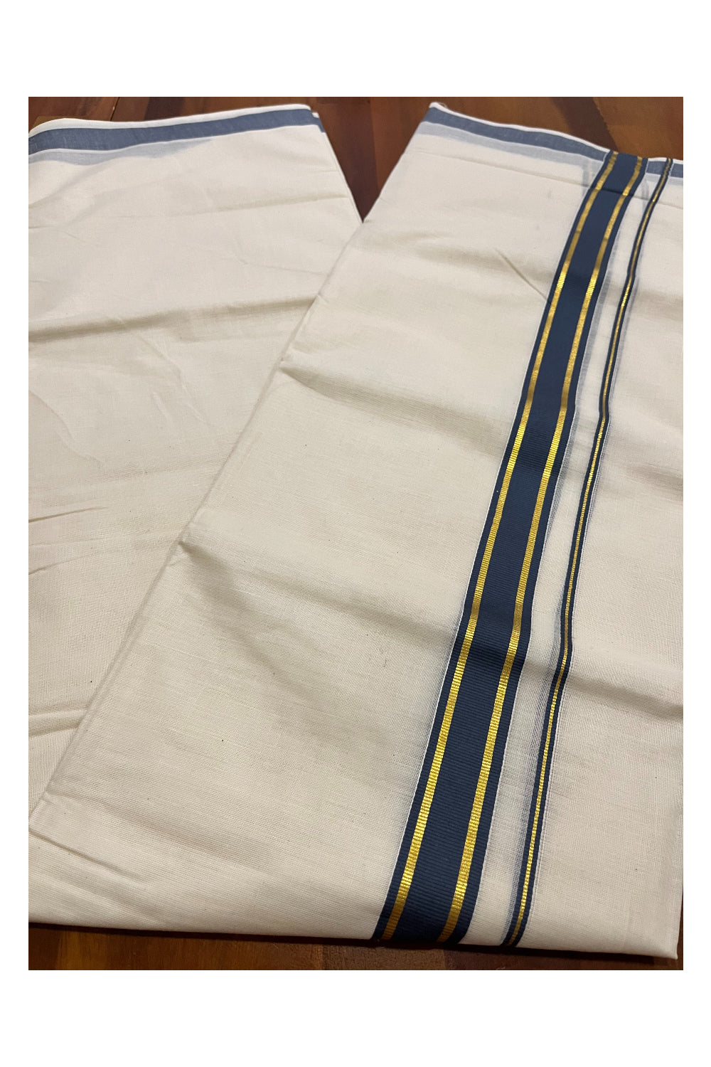 Pure Cotton Mundu with Dark Grey and Kasavu Border (South Indian Kerala Dhoti)