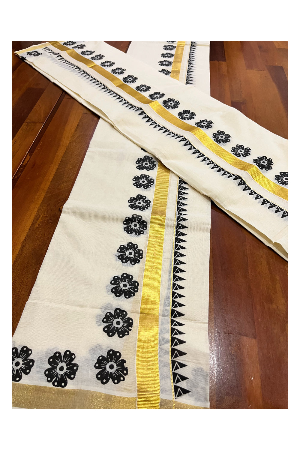 Kerala Pure Cotton Kasavu Set Mundu Single (Mundum Neriyathum) with Black Block Prints and Temple Border 2.80 Mtrs