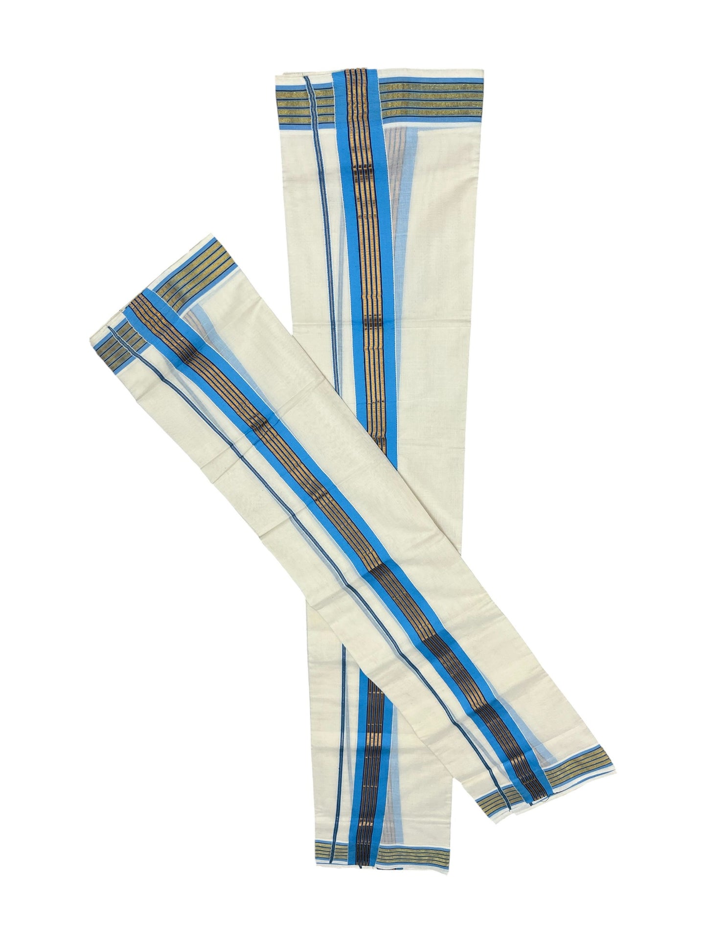 Kerala Cotton Kasavu  Set Mundu (Mundum Neriyathum) with Black and Gold Lines Blue Border(2.80)