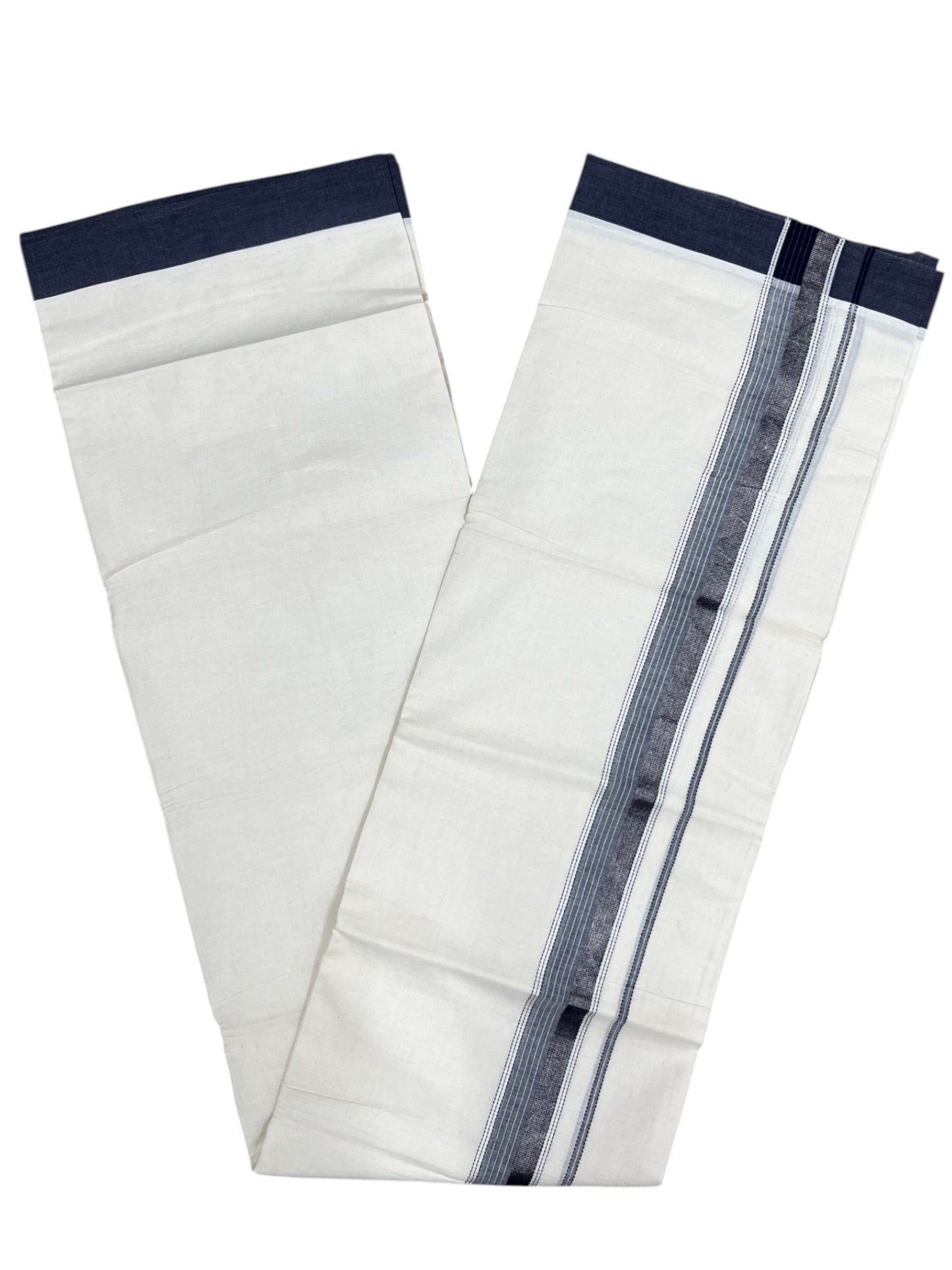 Southloom Kerala Pure Cotton Double Mundu with Silver Lines and Blue and Grey Border with (South Indian Dhoti)