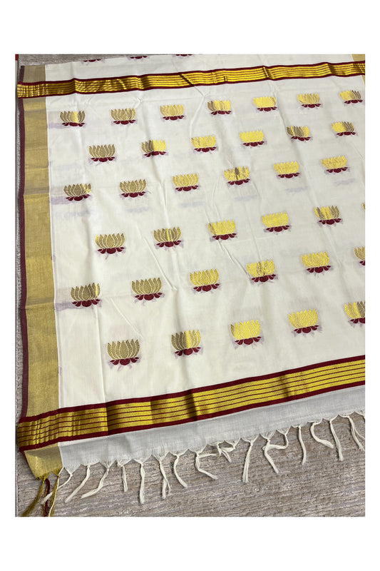 Southloom Kerala Cotton Kasavu Saree with Lotus Woven Work