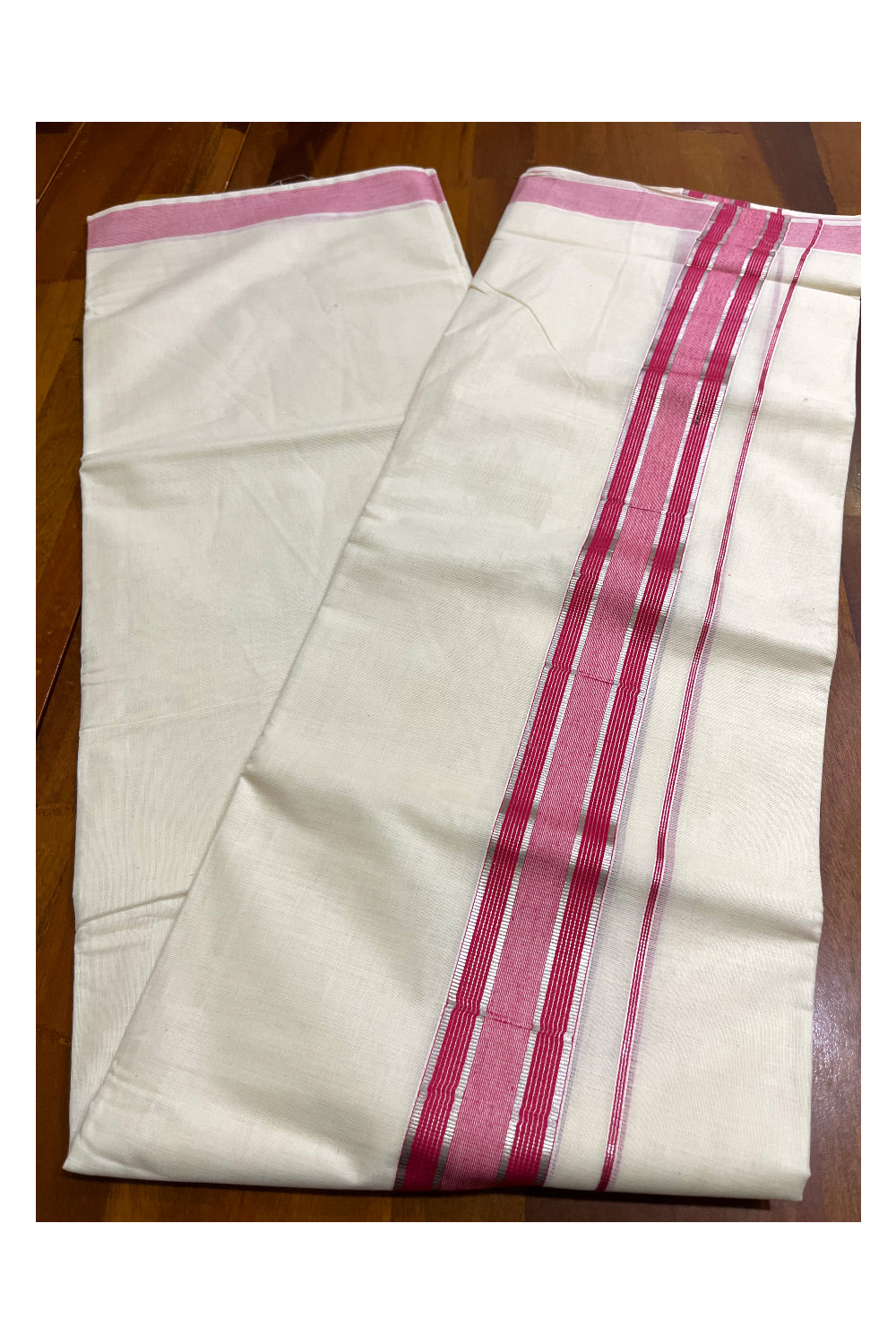 Off White Pure Cotton Double Mundu with Silver Kasavu Lines and Dark Pink Border (South Indian Dhoti)