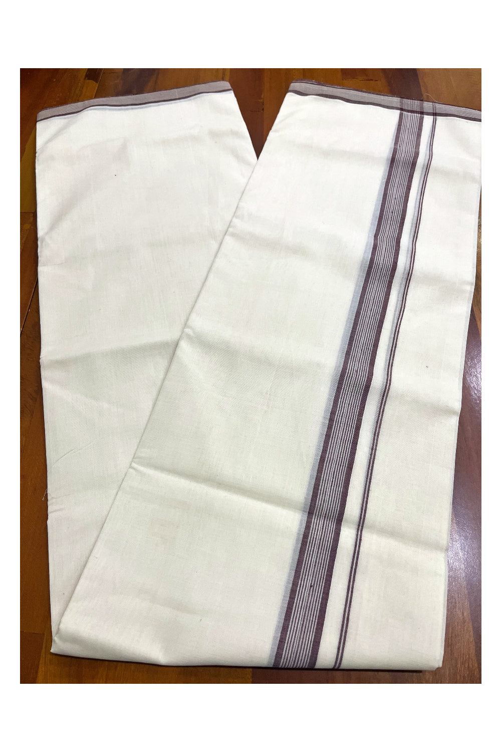 Premium Balaramapuram Handloom Unakkupaavu Cotton Double Mundu with Brown Line Border (Vishu 2024 Collection)