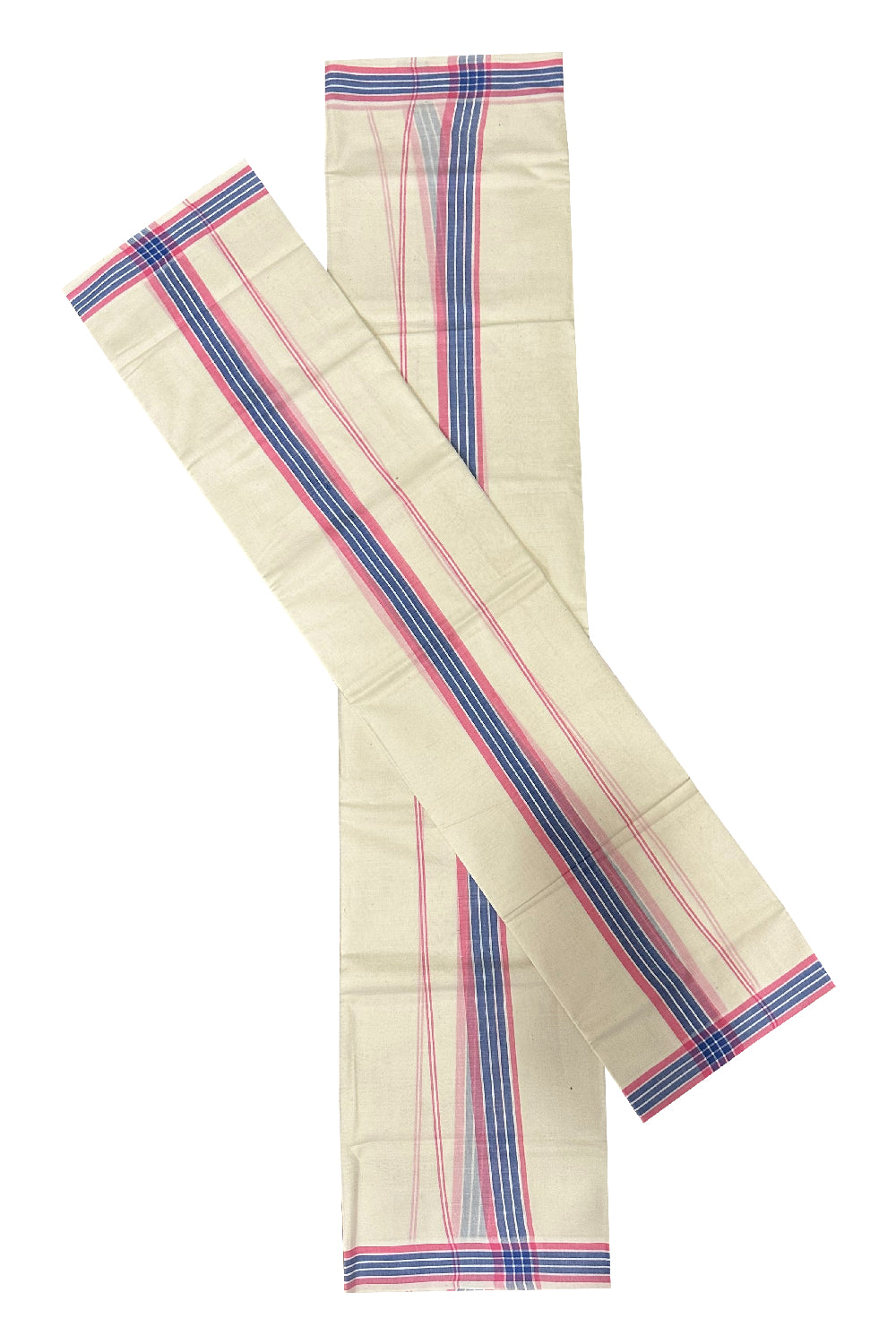 Kerala Mulloth Soft Cotton Mundum Neriyathum Single with Pink and Blue Border (Onam Set Mundu 2023)