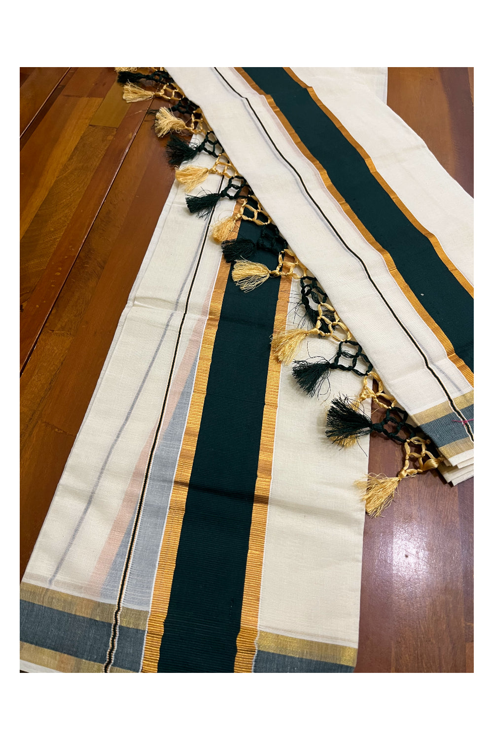 Cotton Kerala Set Mundu (Mundum Neriyathum) with Dark Green and Kasavu Border and Tassels