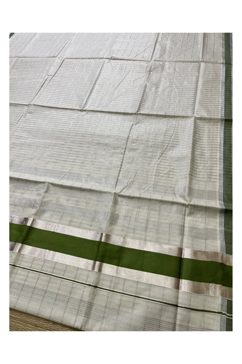 Kerala Pure Cotton Silver Kasavu Check Designs Saree with Olive Green Border