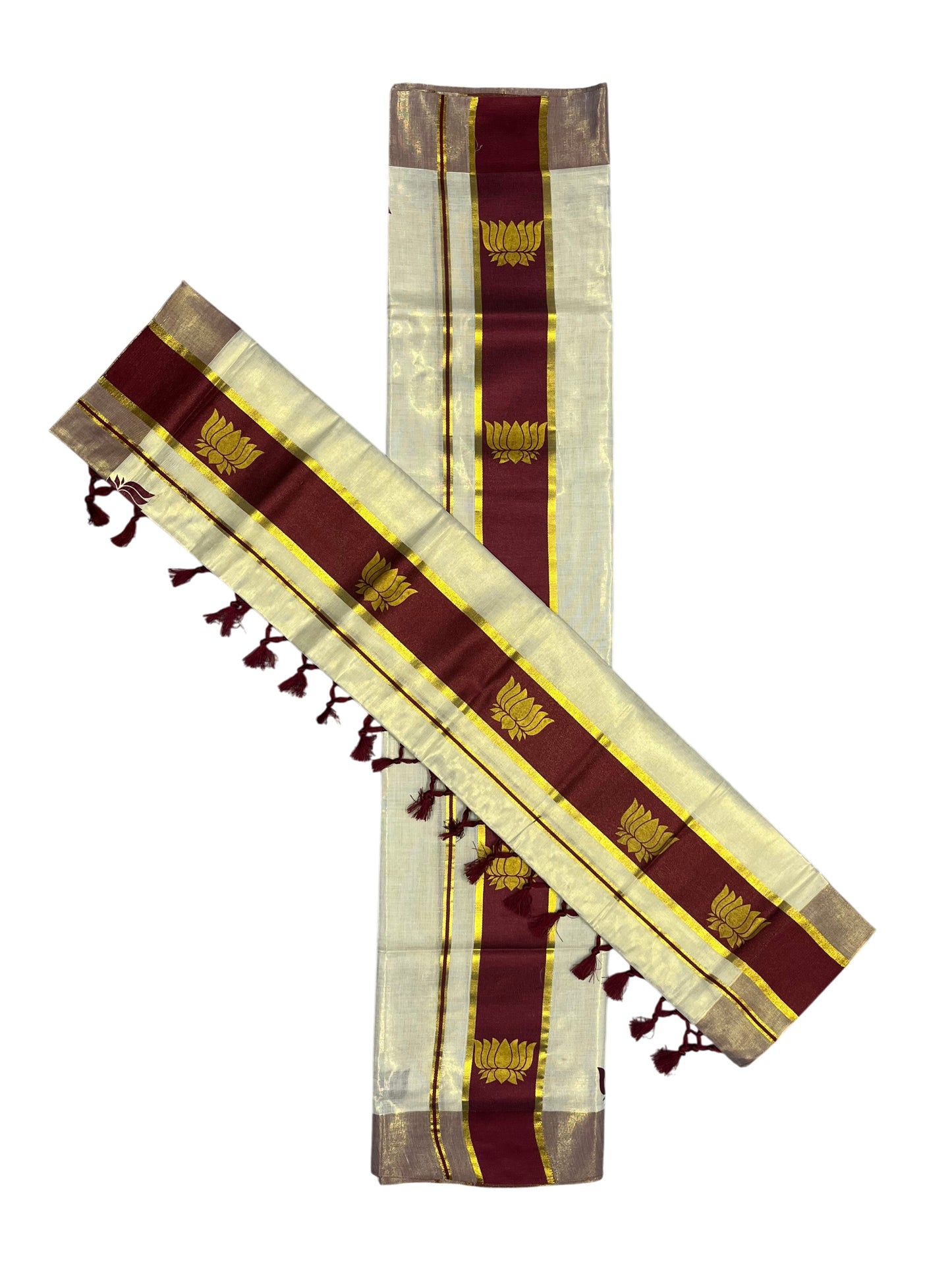 Southloom Kerala Cotton Kasavu Single Set Mundu (Mundum Neriyathum) with Lotus Design in Maroon