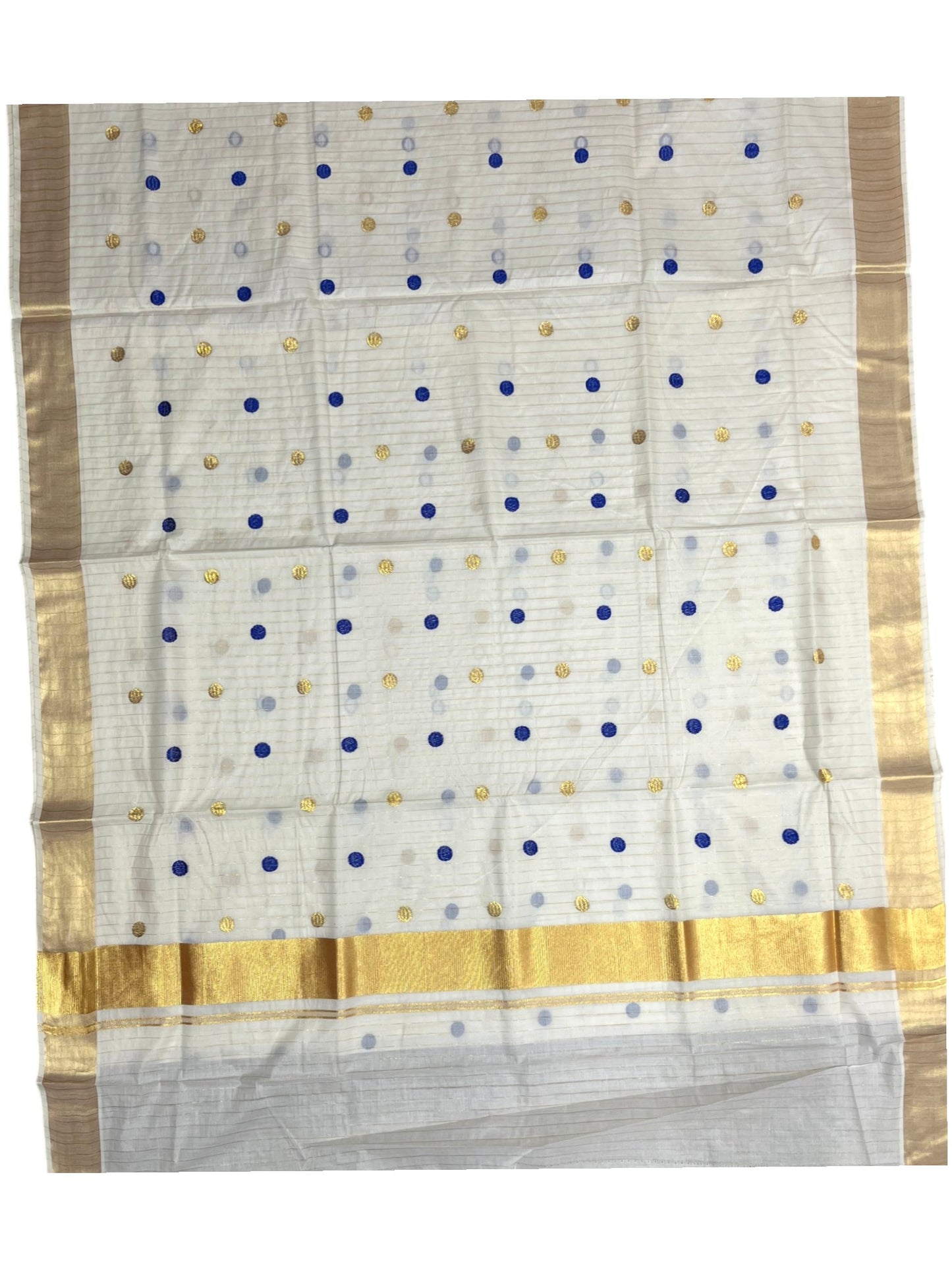 Southloom Kerala Cotton Kasavu Saree with Gold & Blue Polka Embroidery Works on Body SL281
