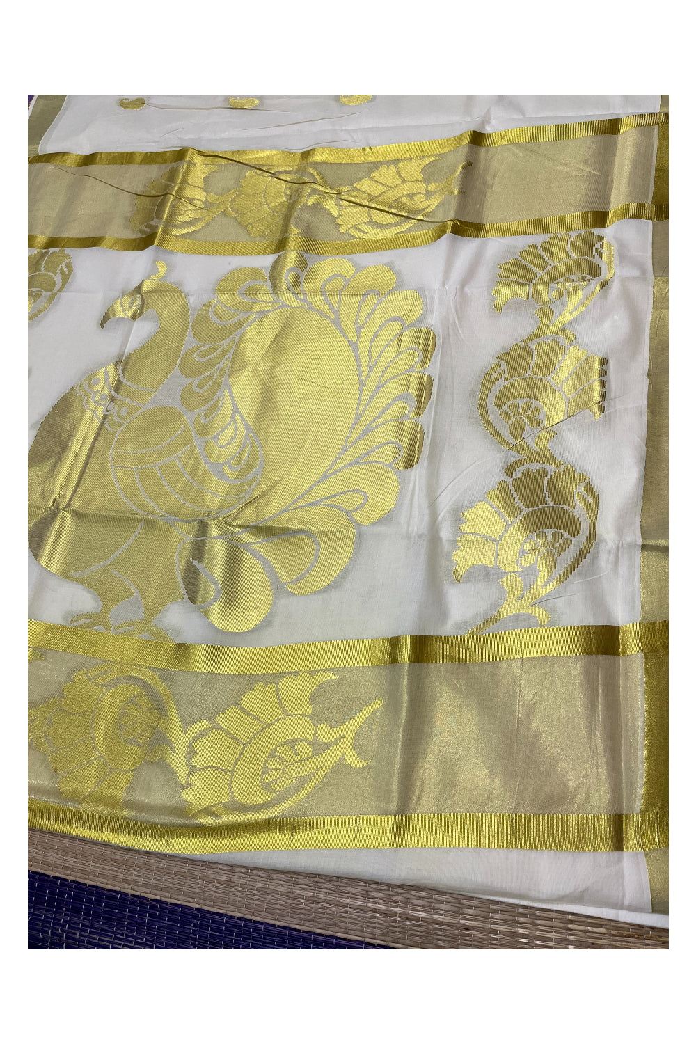 Kerala Cotton Heavy Peacock Woven Work Kasavu Saree