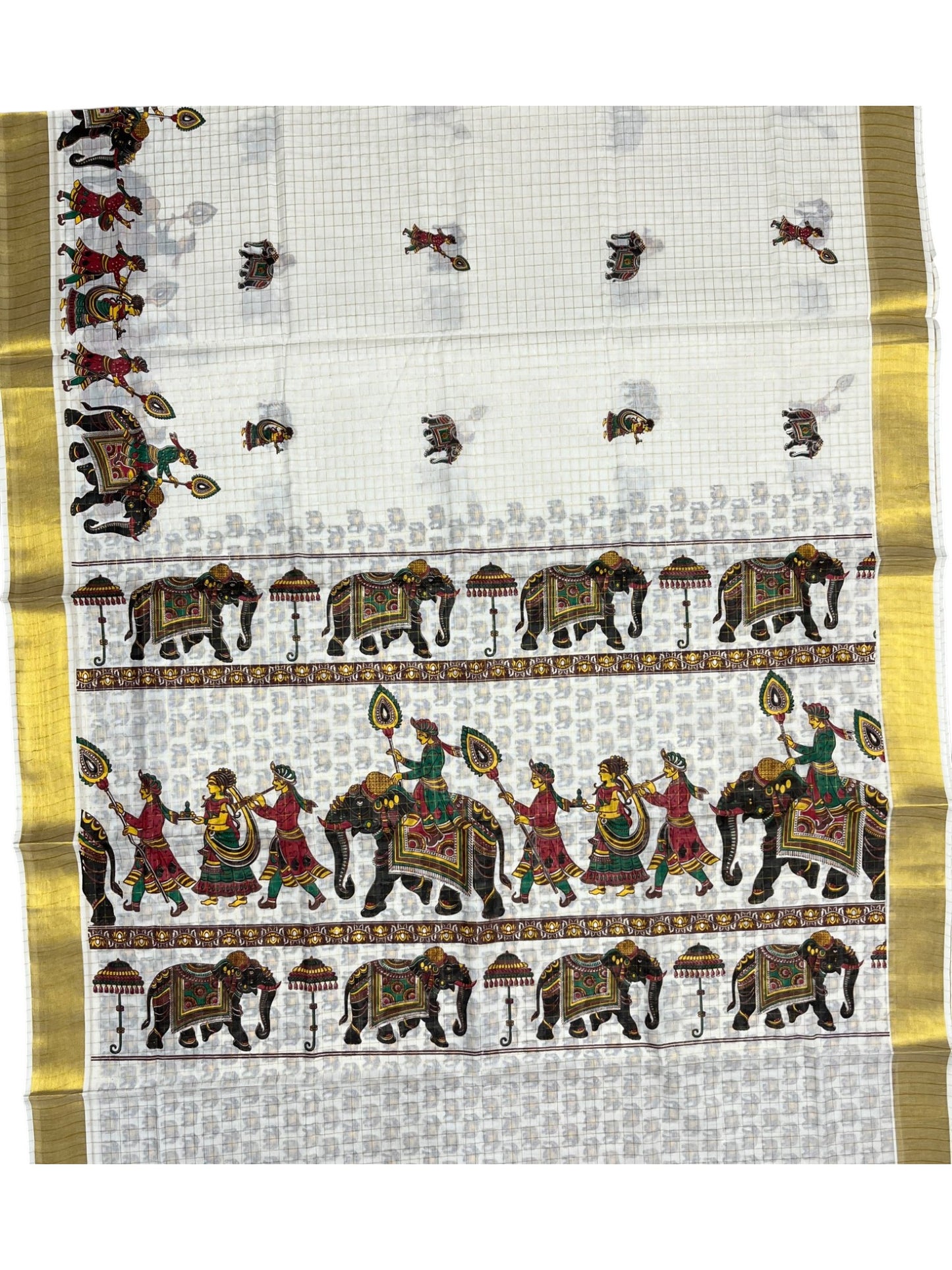 Southloom Kerala Cotton  Kasavu Check Saree With Mural Festival Parasol and Elephant Design