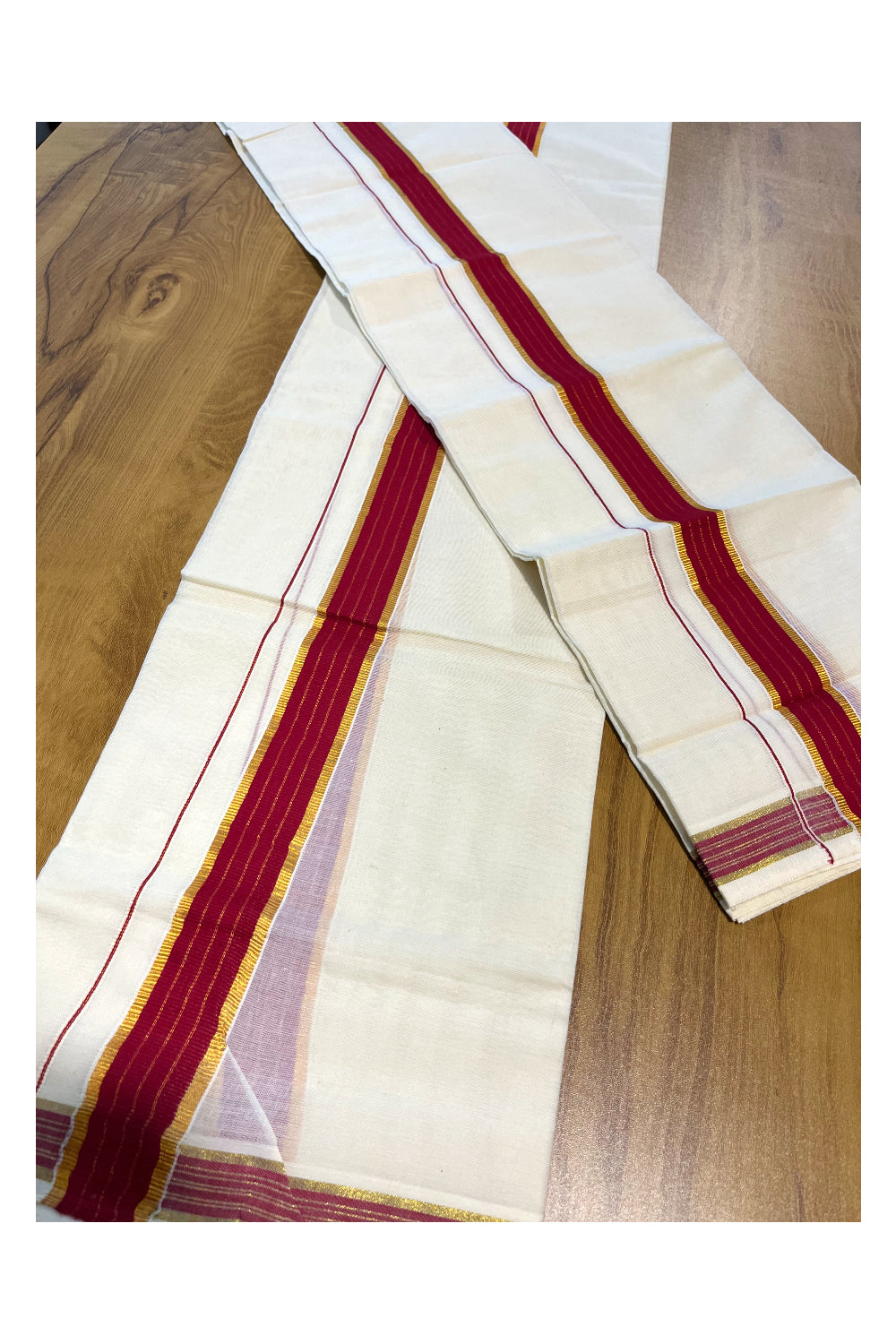 Kerala Cotton Mundum Neriyathum Single (Set Mundu) with Maroon and Kasavu Border