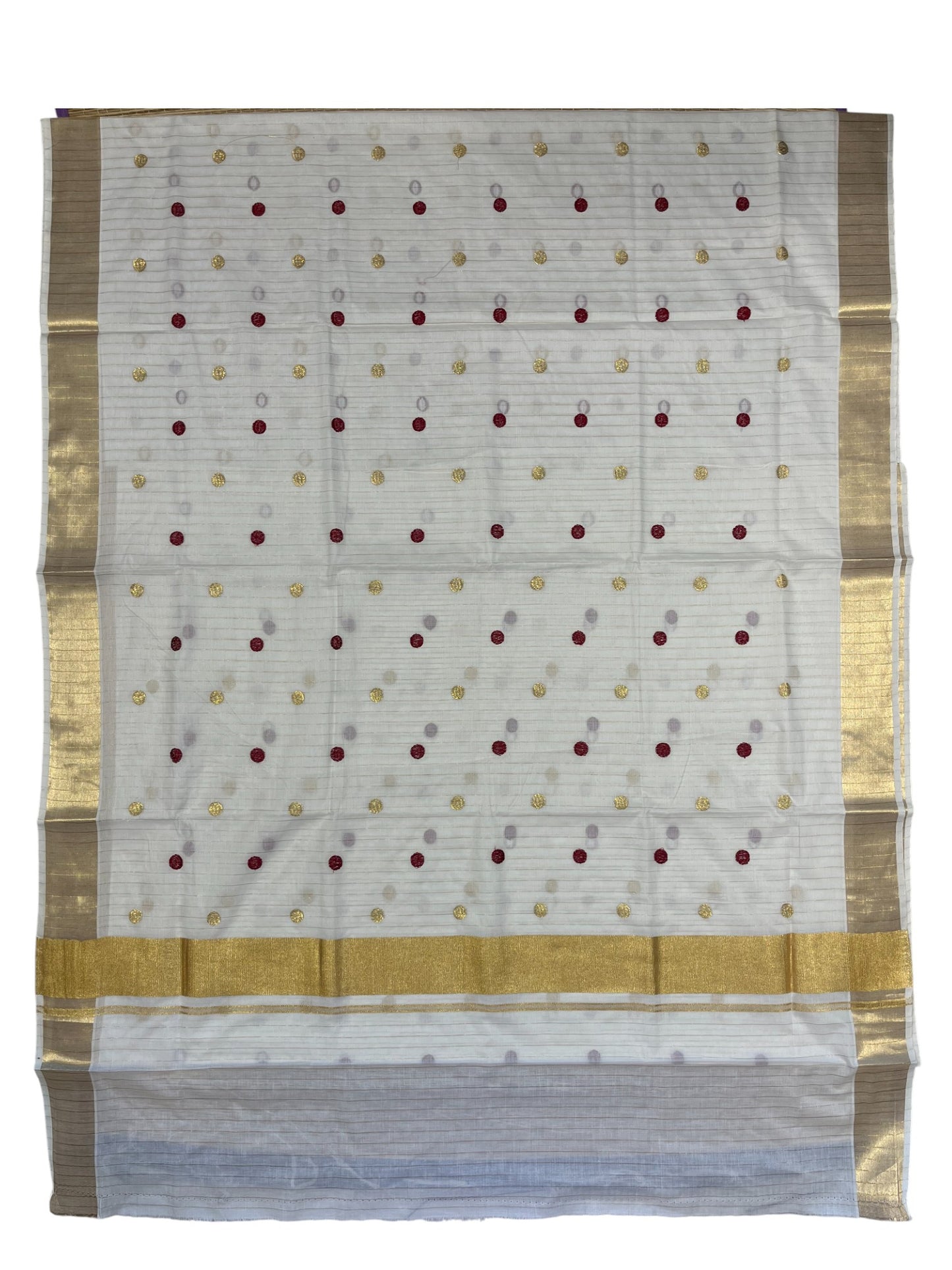 Southloom Kerala Pure Cotton Saree with Gold&Maroon Polka Embroidery Works on Body