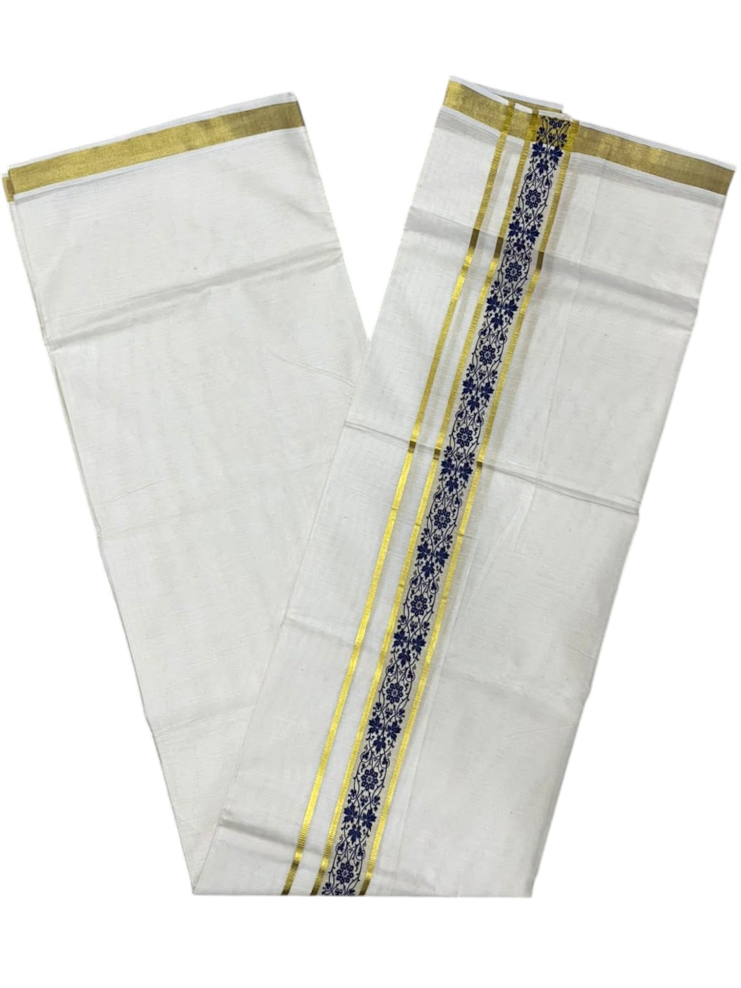 Southloom Pure Cotton Double Mundu with Blue Block Printed And Ksavu Border (South Indian Kerala Dhoti)
