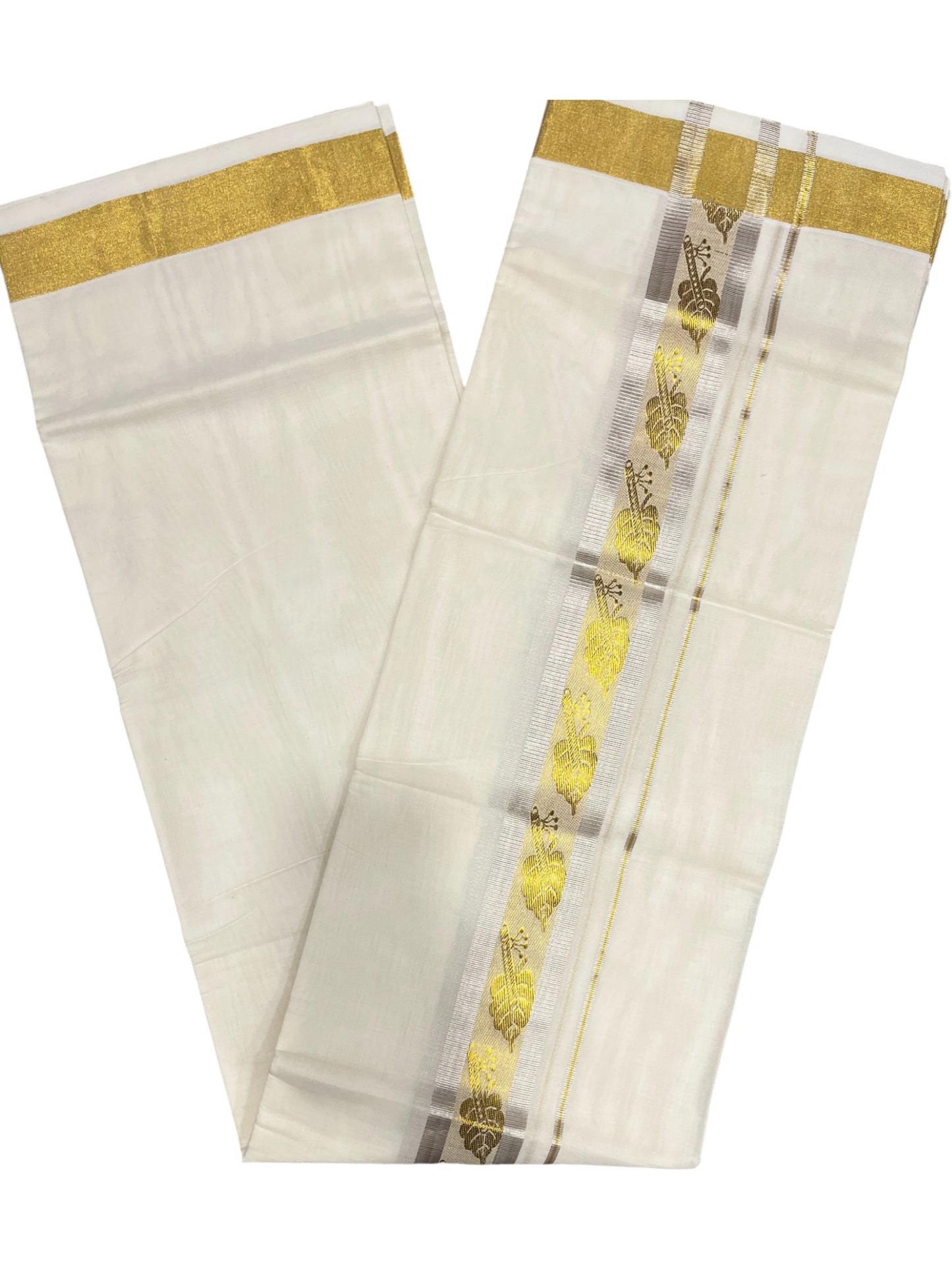 Southloom Premium Handloom Cotton Double Mundu with Gold And Woven Work Kasavu Border