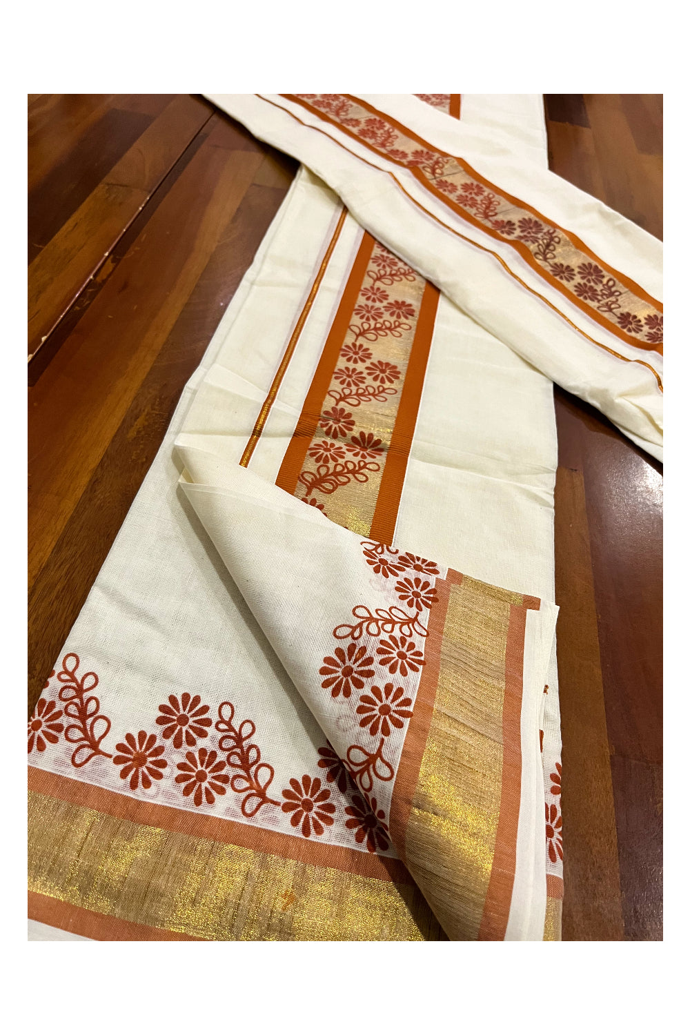 Kerala Pure Cotton Set Mundu Single (Mundum Neriyathum) with Orange Floral Block Prints on Border