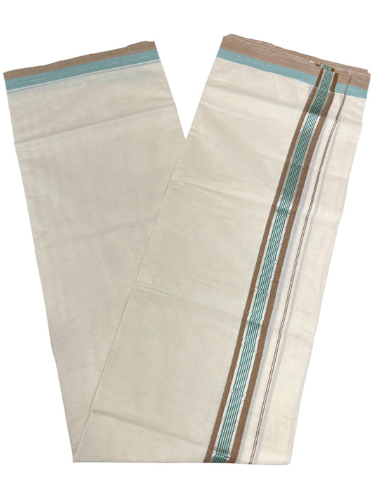 Southloom Kerala Pure Cotton Double Mundu with Green And  Brown Silver Lines Border (South Indian Dhoti)