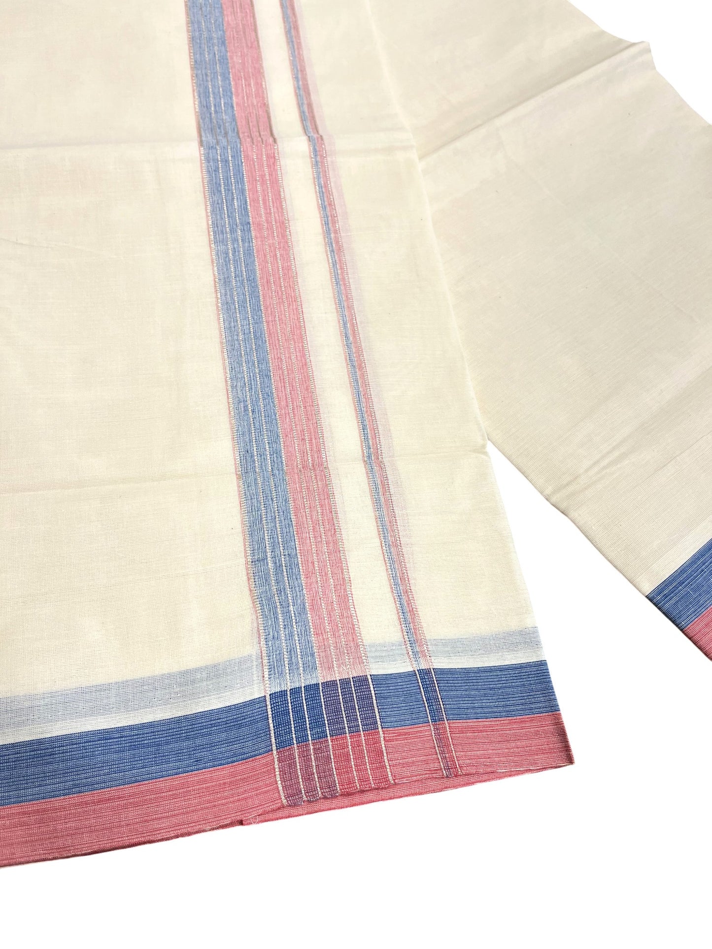 Southloom Kerala Pure Cotton Double Mundu with Pink & Blue Border (South Indian Dhoti)