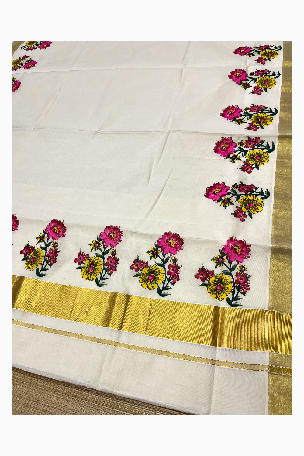 Pure Cotton Kerala Kasavu Saree with Magenta Floral Block Prints with Kasavu Border (Vishu 2024 Collection)