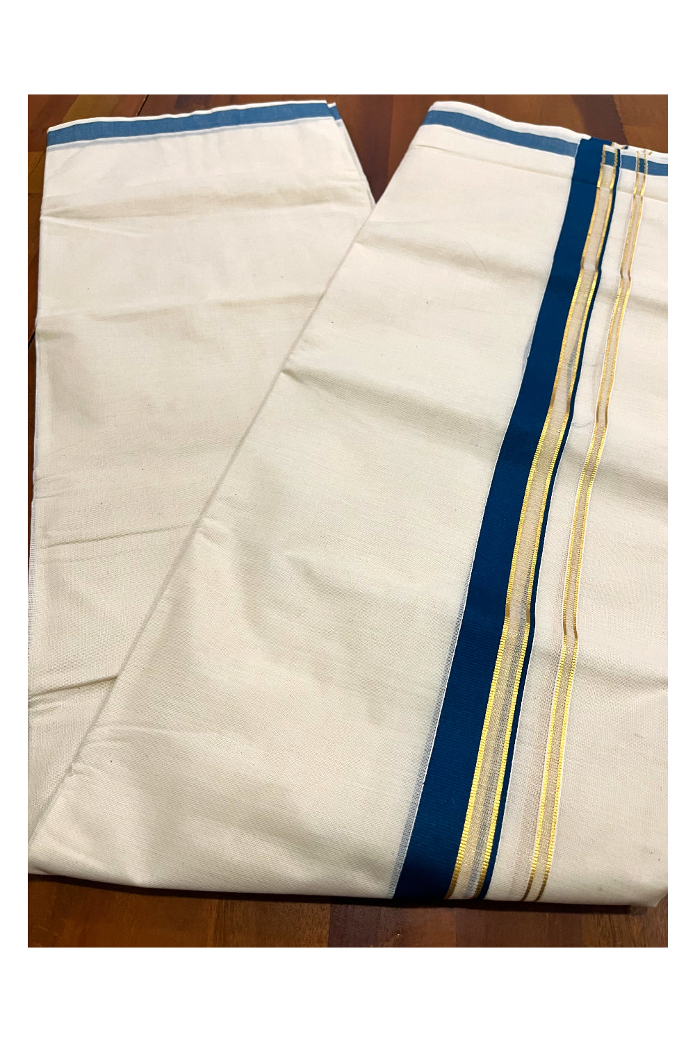 Kerala Pure Cotton Double Mundu with Teal Blue and Kasavu Border (South Indian Kerala Dhoti)