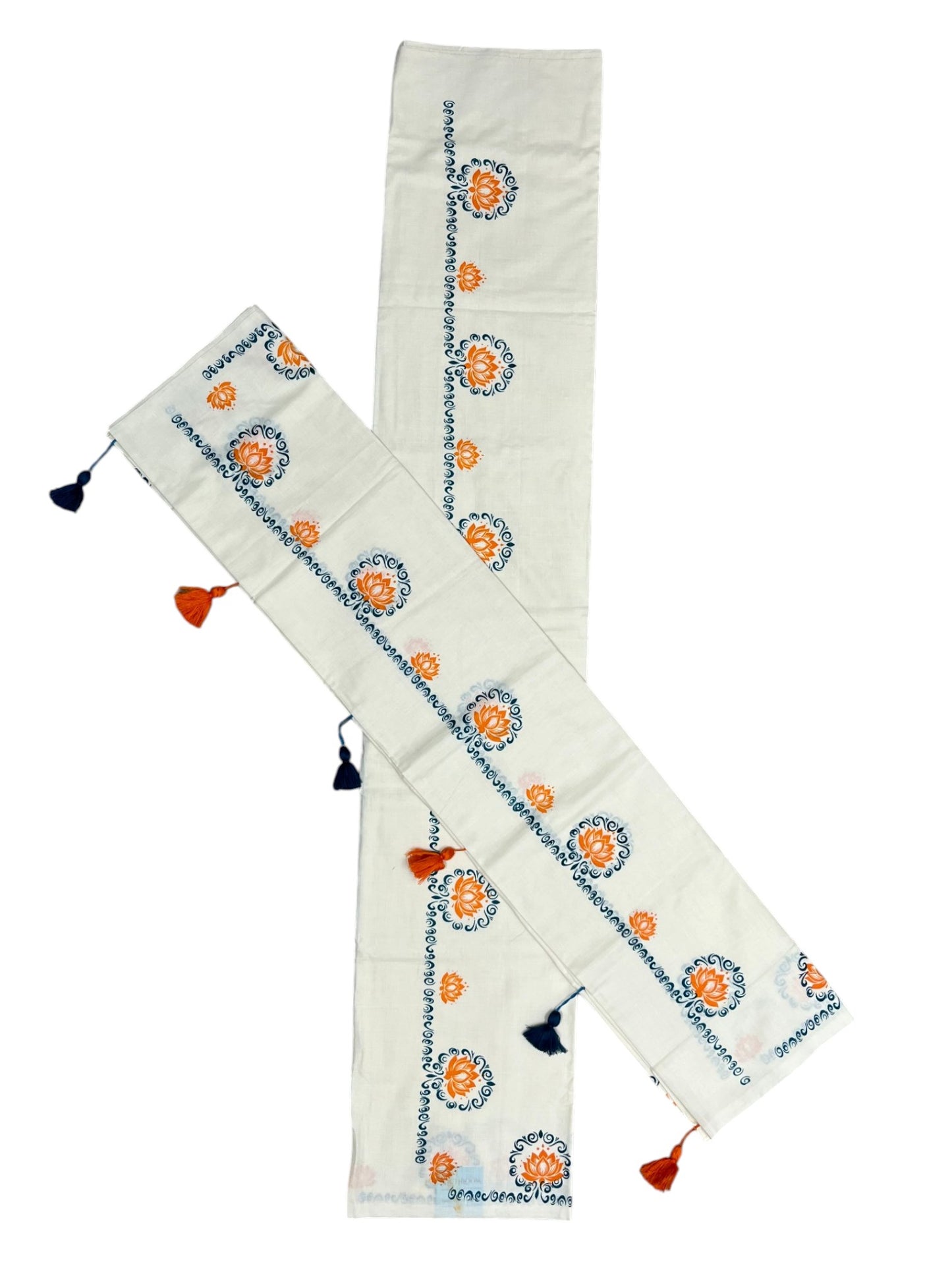 Southloom Kerala Cotton Single Set Mundu (Mundum Neriyathum) with Blue & Orange Lotus Block Printed Design