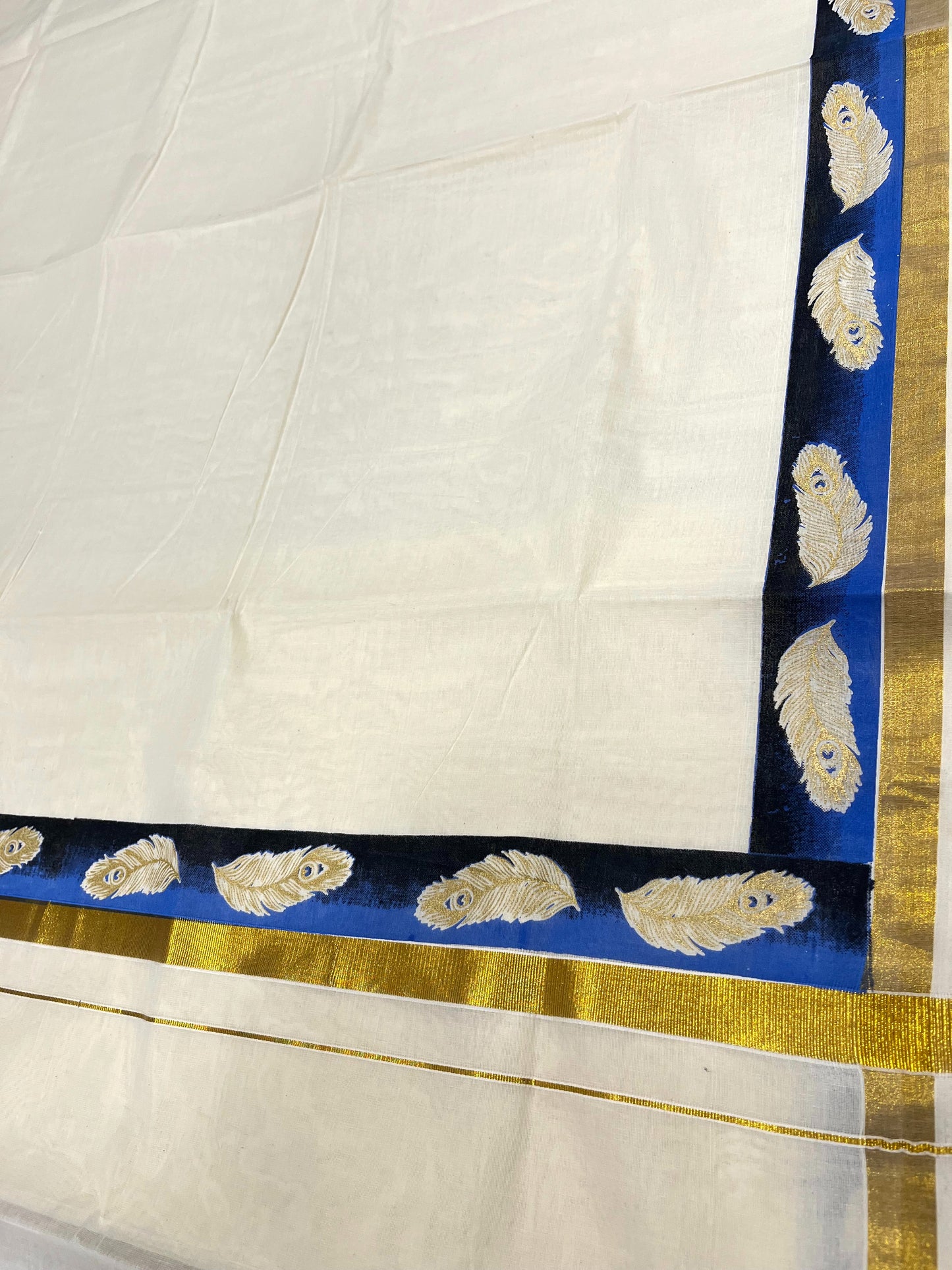 Southloom Cotton Kerala Kasavu Saree with Blue and Black  Hand Painted