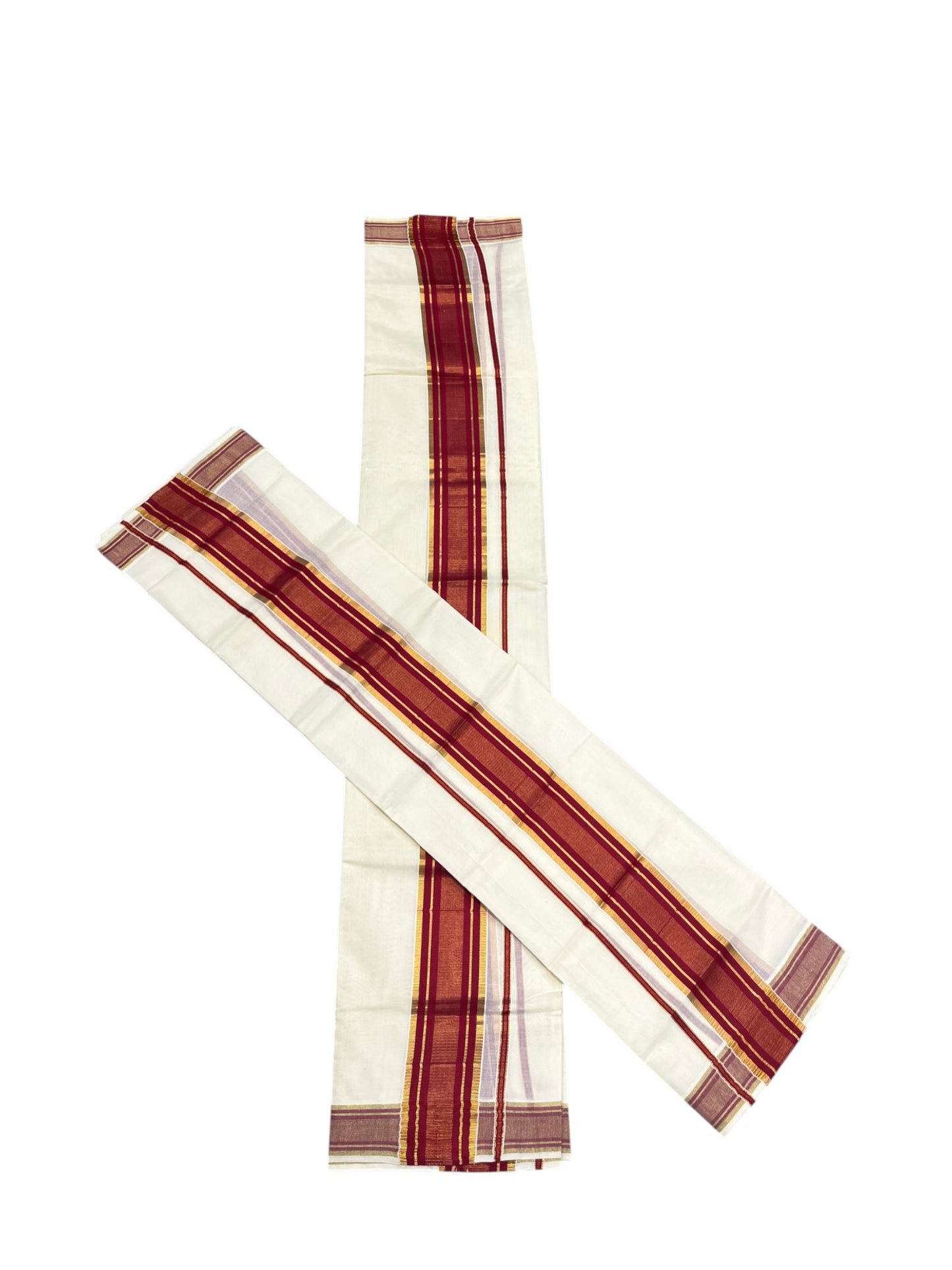 Southloom Kerala Cotton  Set Mundu (Mundum Neriyathum) with Kasavu and Maroon Border 2.80Mtrs