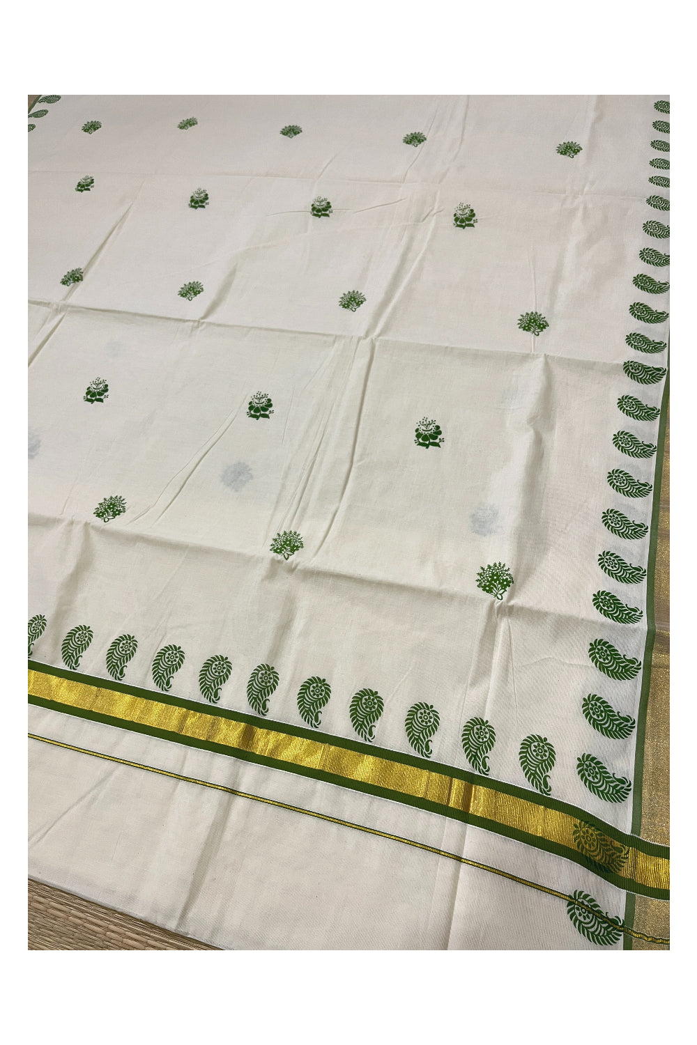 Pure Cotton Kerala Kasavu Saree with Green Floral Block Printed Design