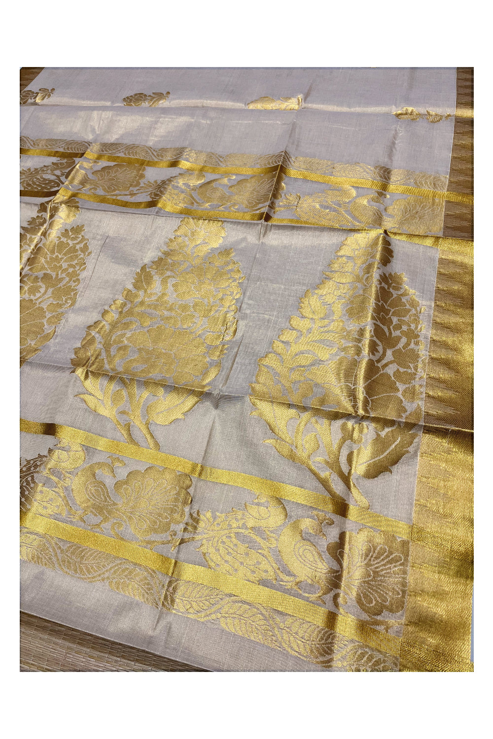 Kerala Tissue Heavy Work Saree with Kasavu Peacock Patterns on pallu (Vishu 2024 Collection)