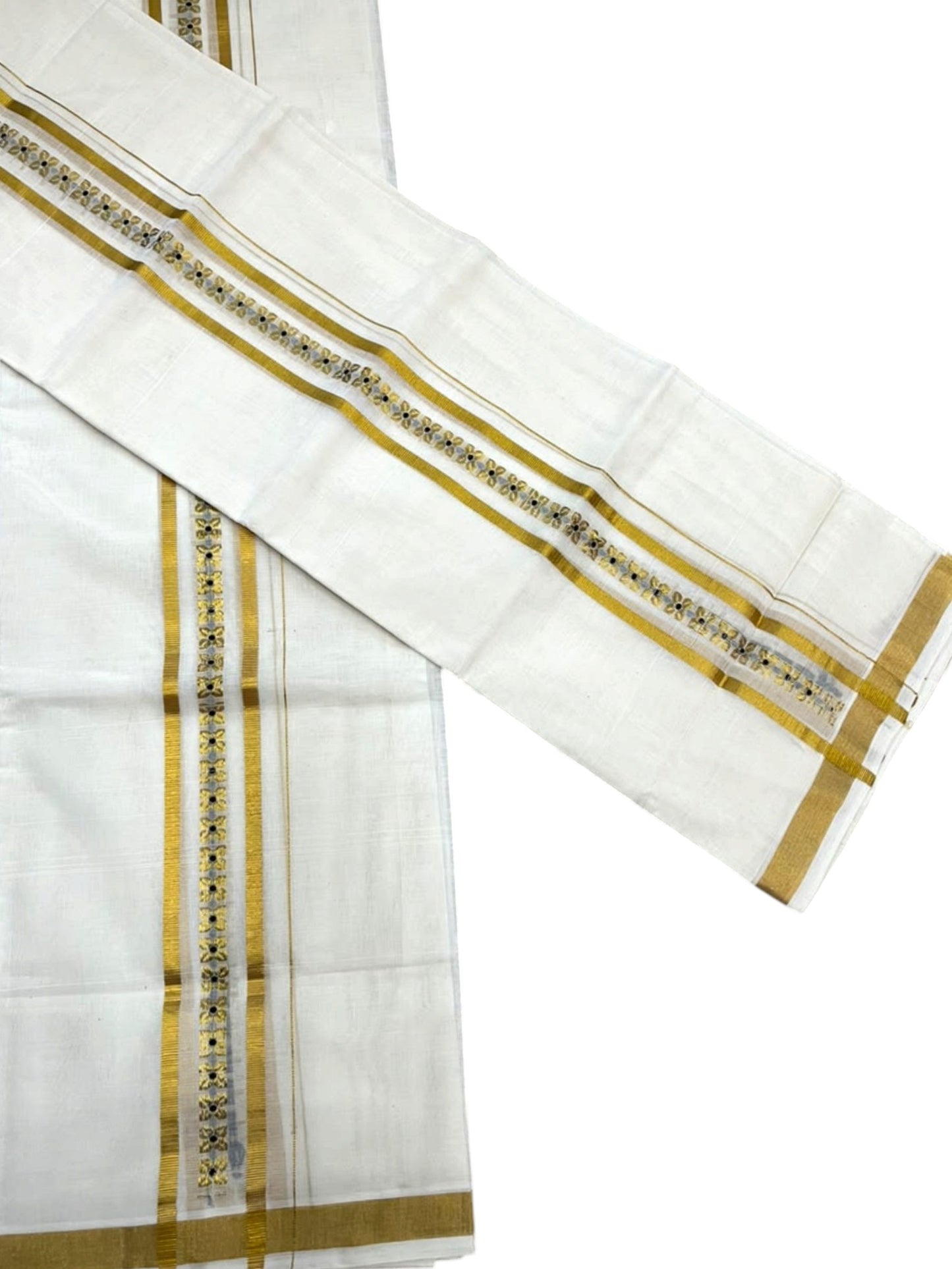 Southloom Premium Cotton Handloom Set Mundu With Black Woven Dots Design And Golde Kasavu Border (2.80 Mtr) SL632